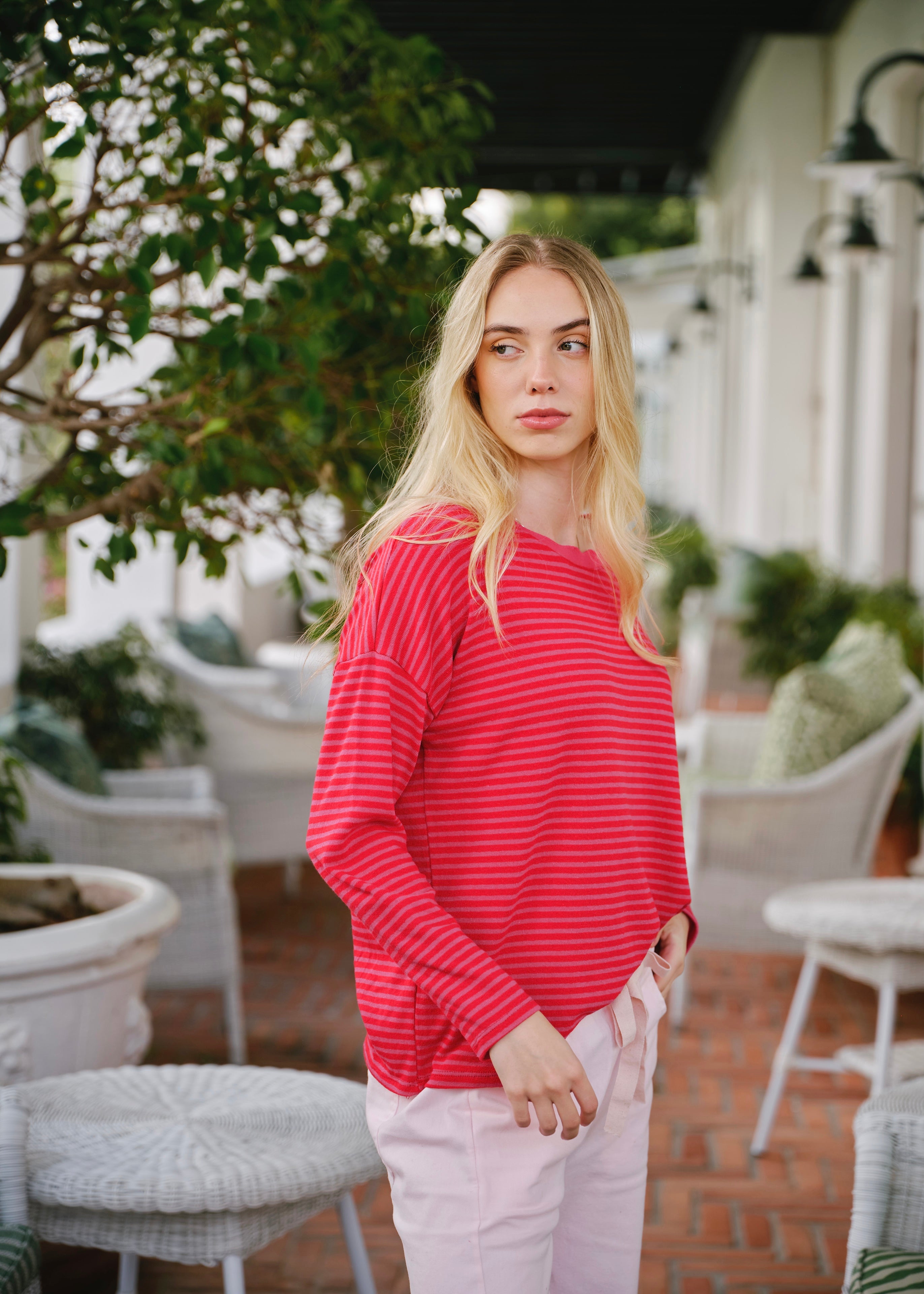 Bologna Italian Crew Neck Long Sleeved Striped Cotton Tee In Red