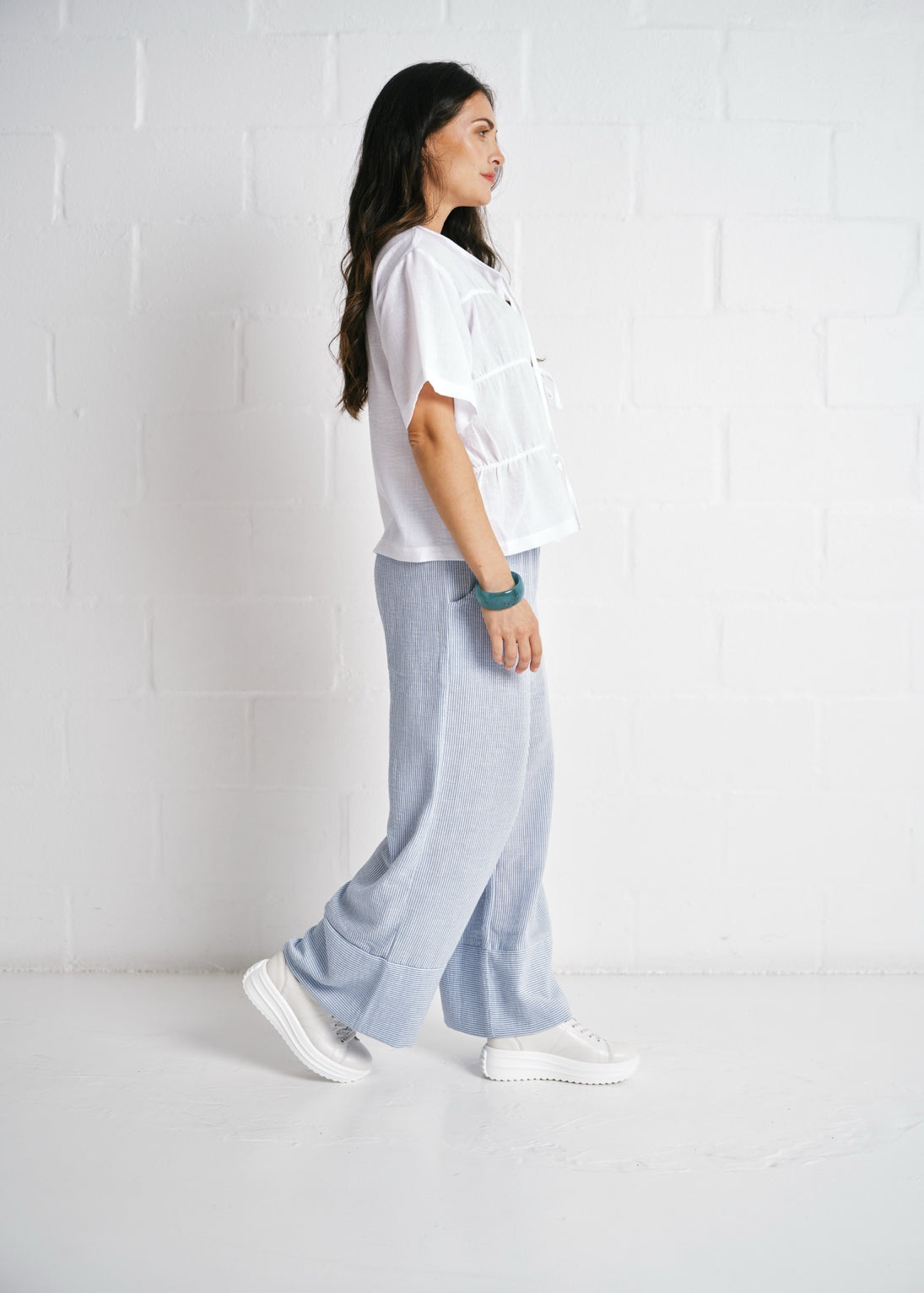 Tiered Tie-Front Linen Blend Top In White