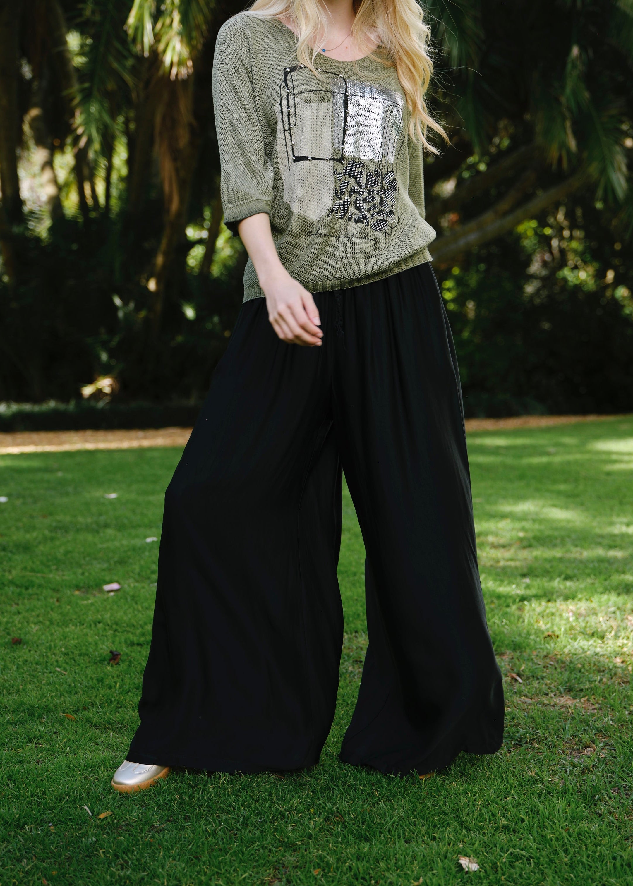 Satin Feel Palazzo Pants With Drawstring In Black