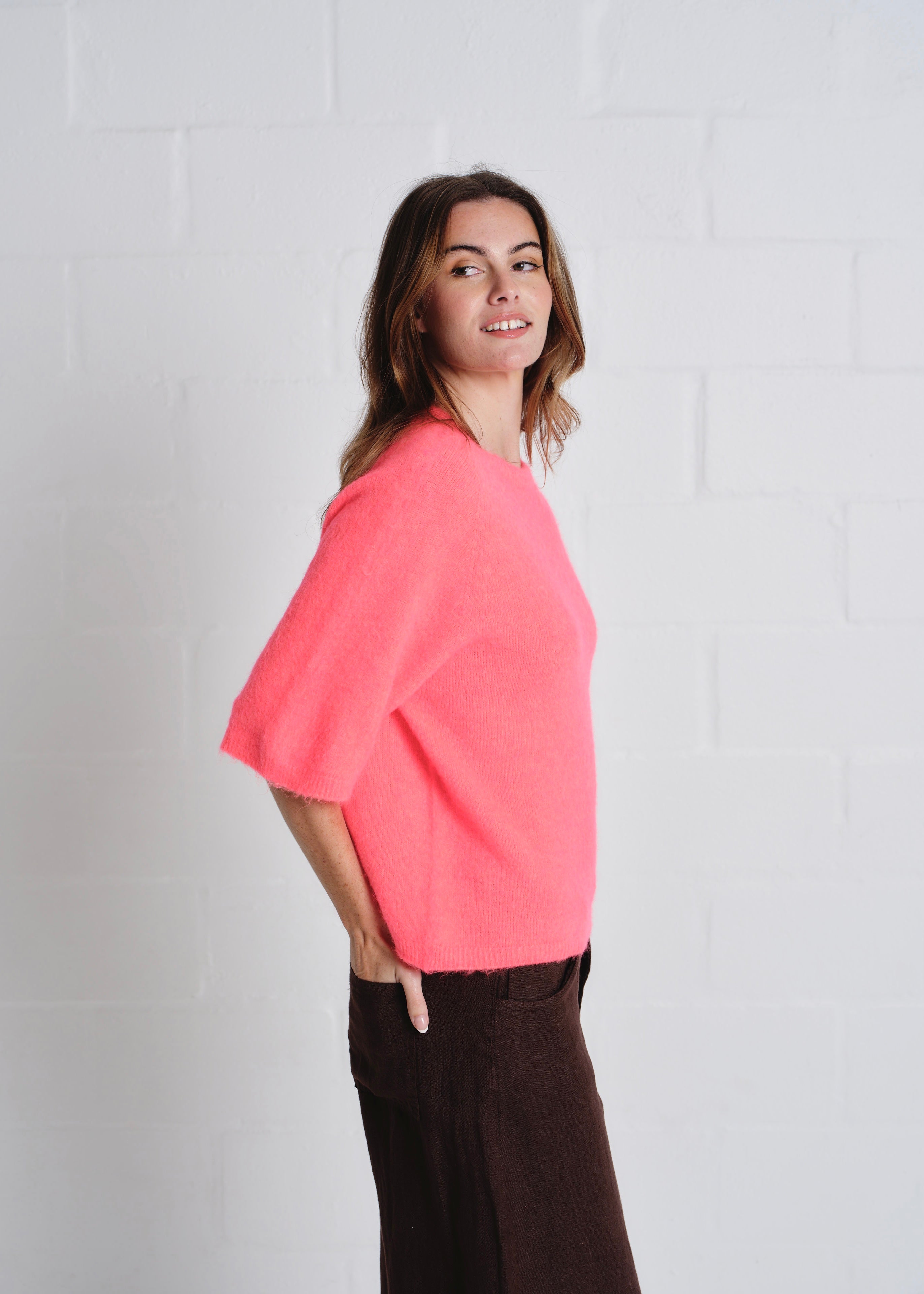 Chamonix SS Round Neck Alpaca Knit In Coral