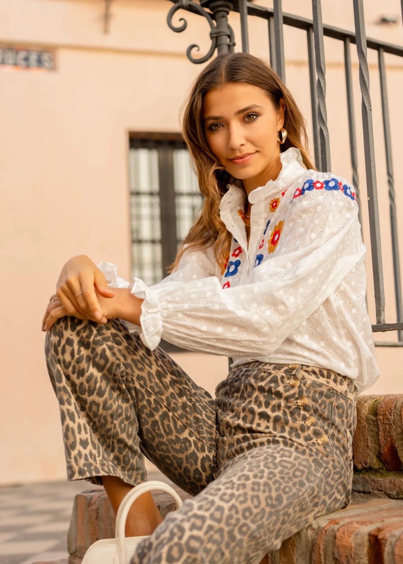 High-Waisted Wide Leg Relaxed Fit Jeans with Gold Front Buttons in Animal Print