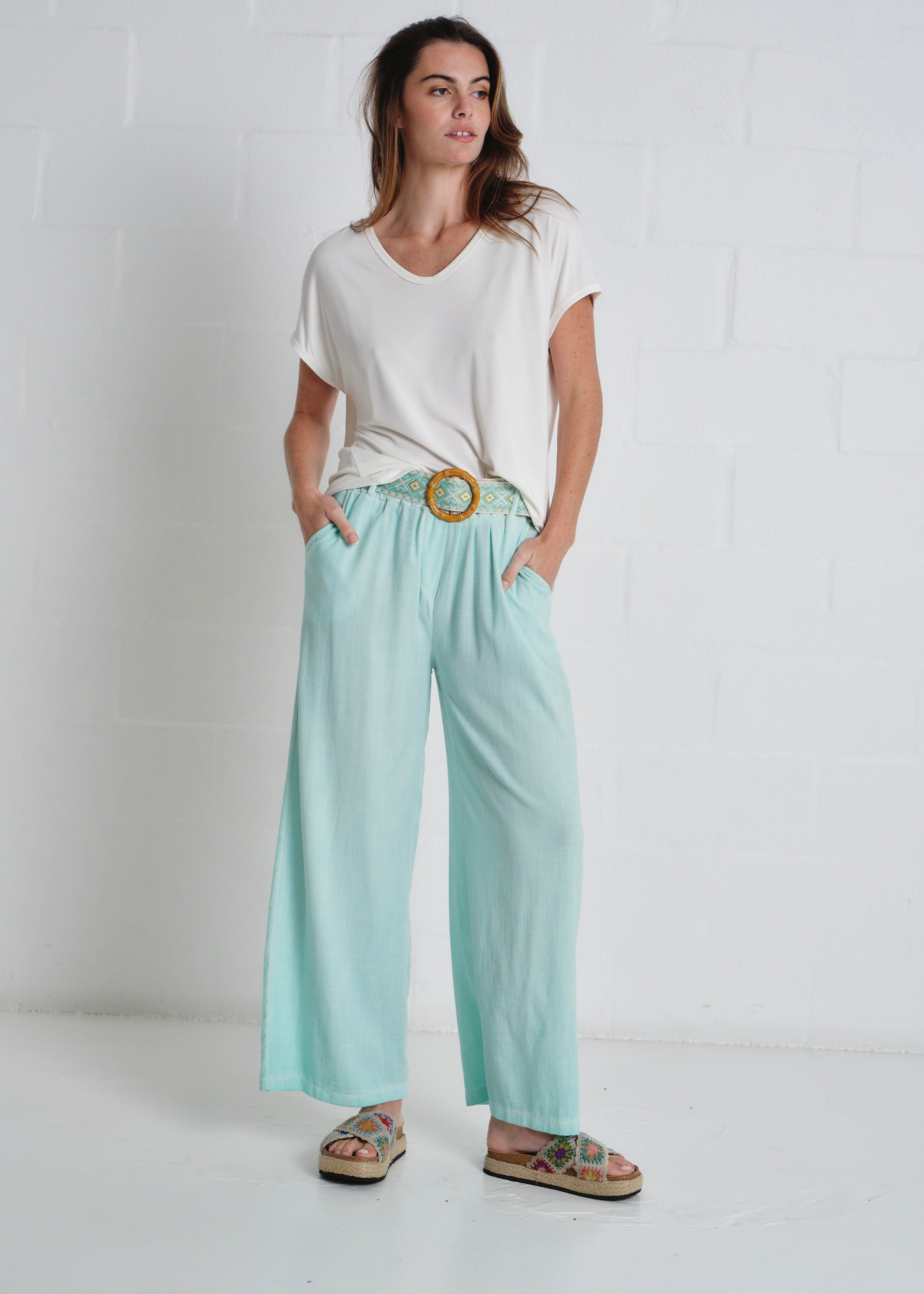 Camogli Palazzo Linen Blend Pants In Turquoise