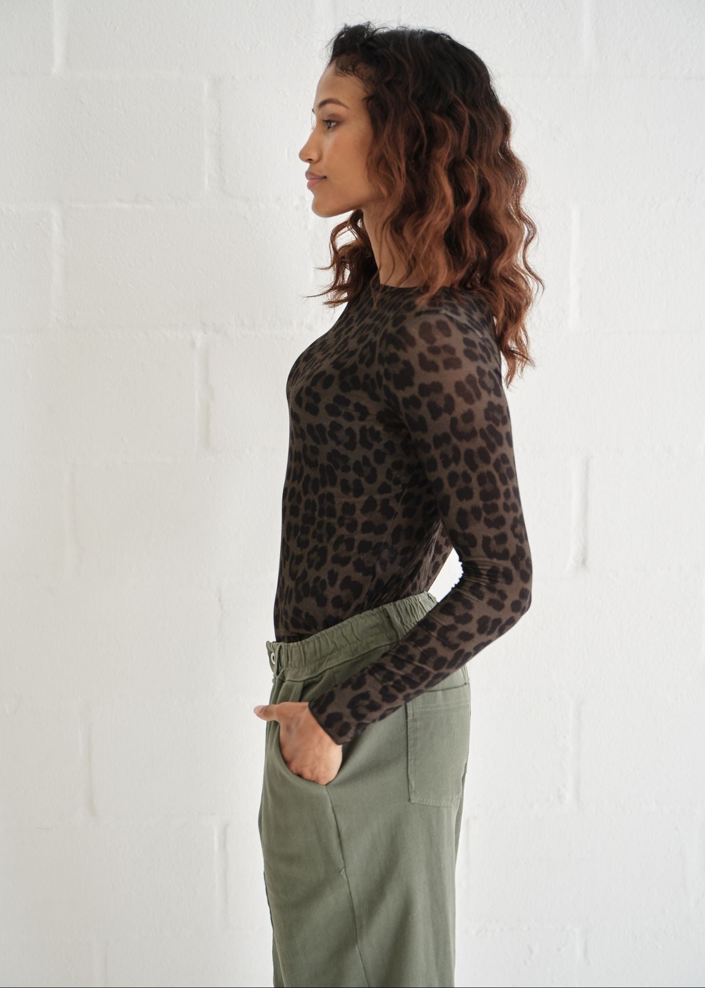 Leah Italian Cashmere Blend Sheer Top With Leopard Print In Khaki