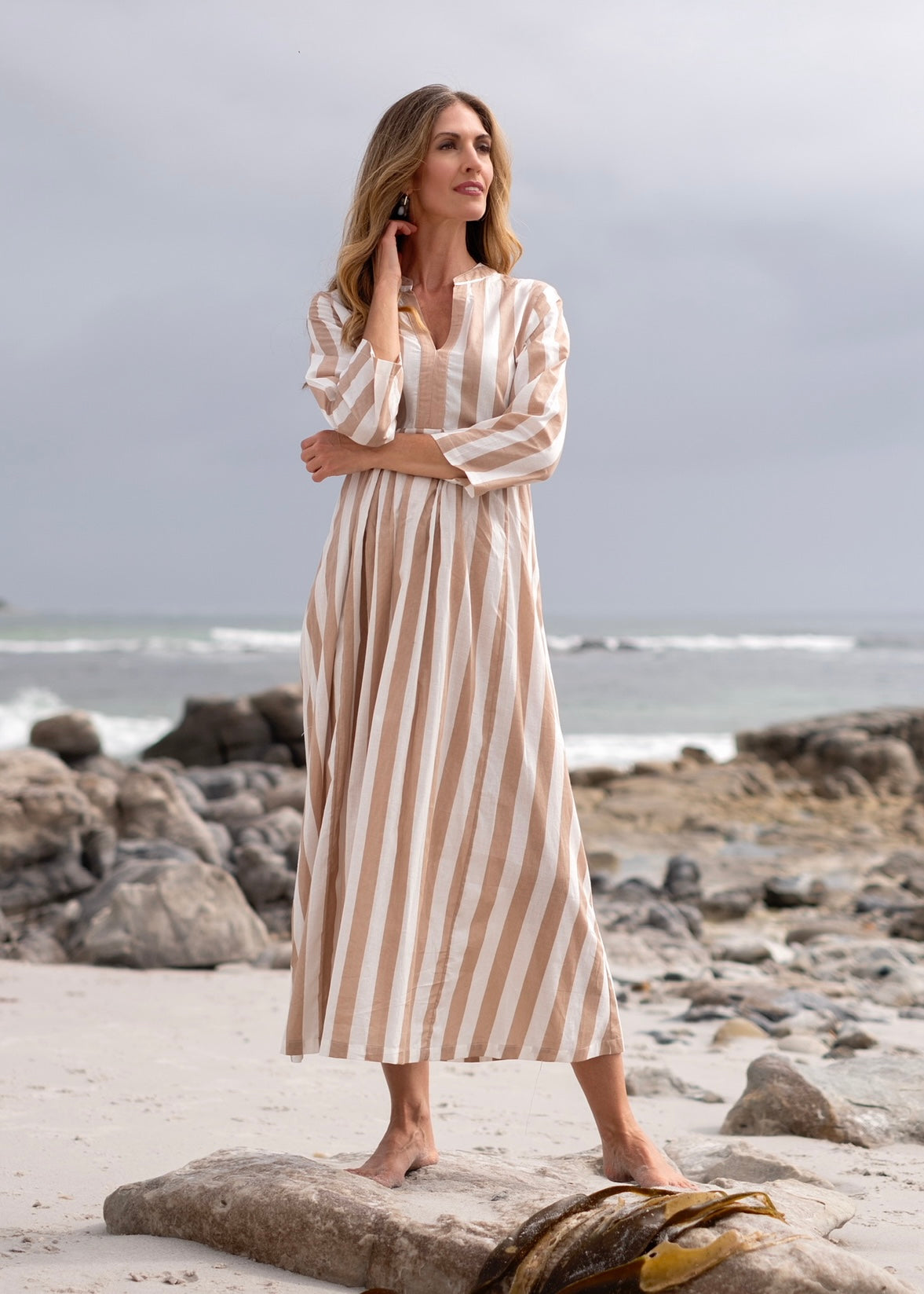 Amelia Pleated Stripe Dress In Brown And White