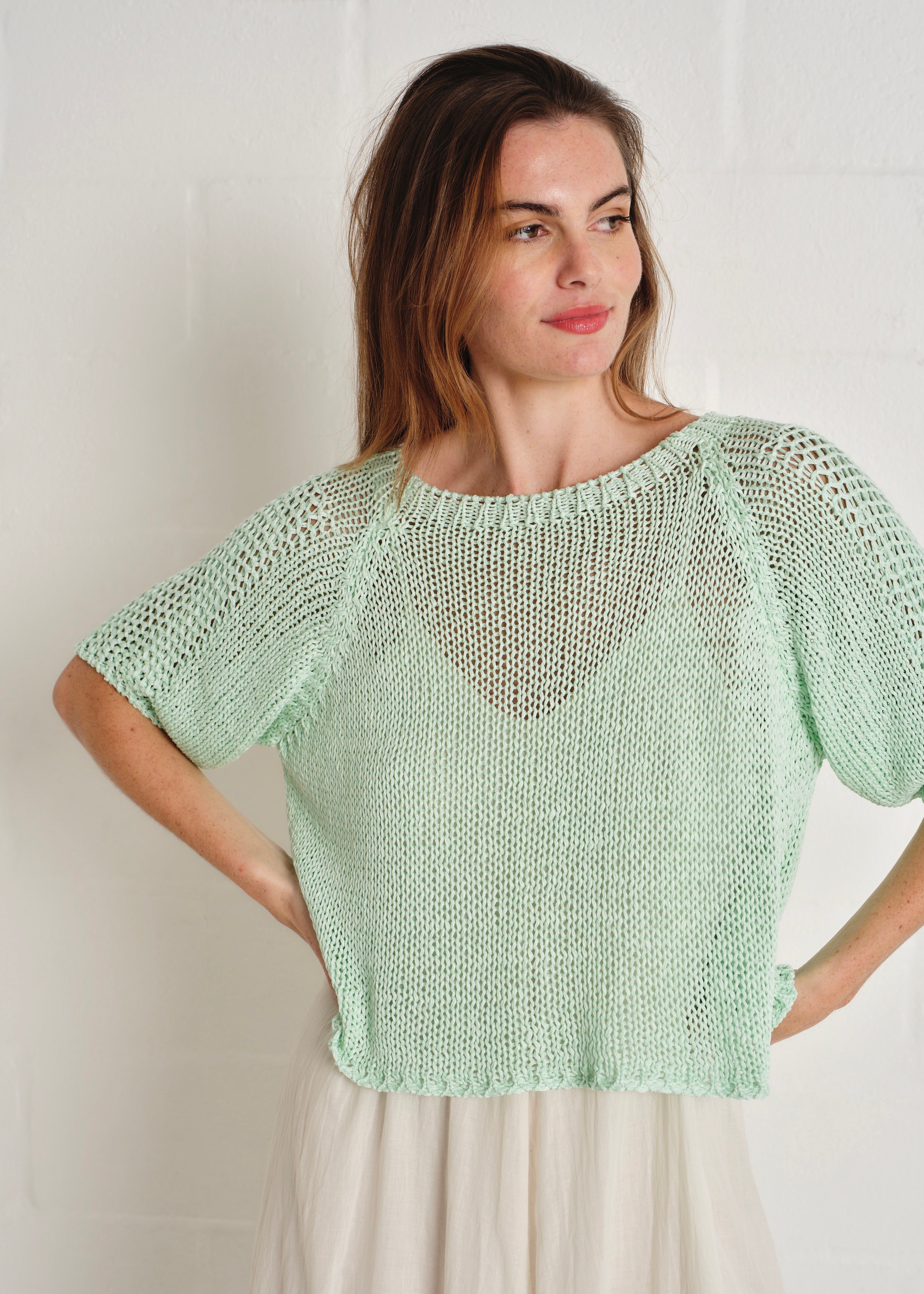 Sayulita Boatneck Crochet Top In Mint