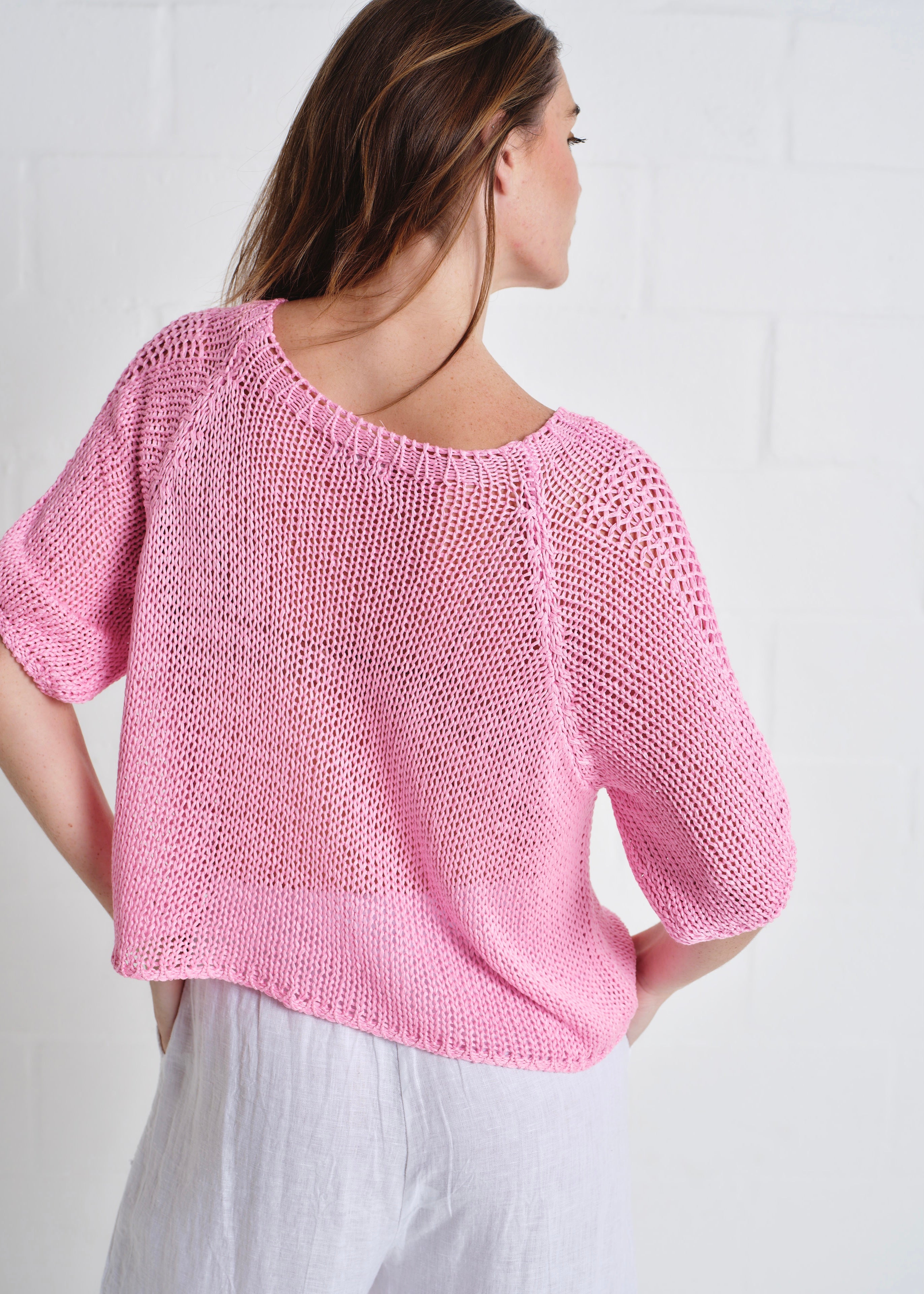 Sayulita Boatneck Crochet Top In Baby Pink