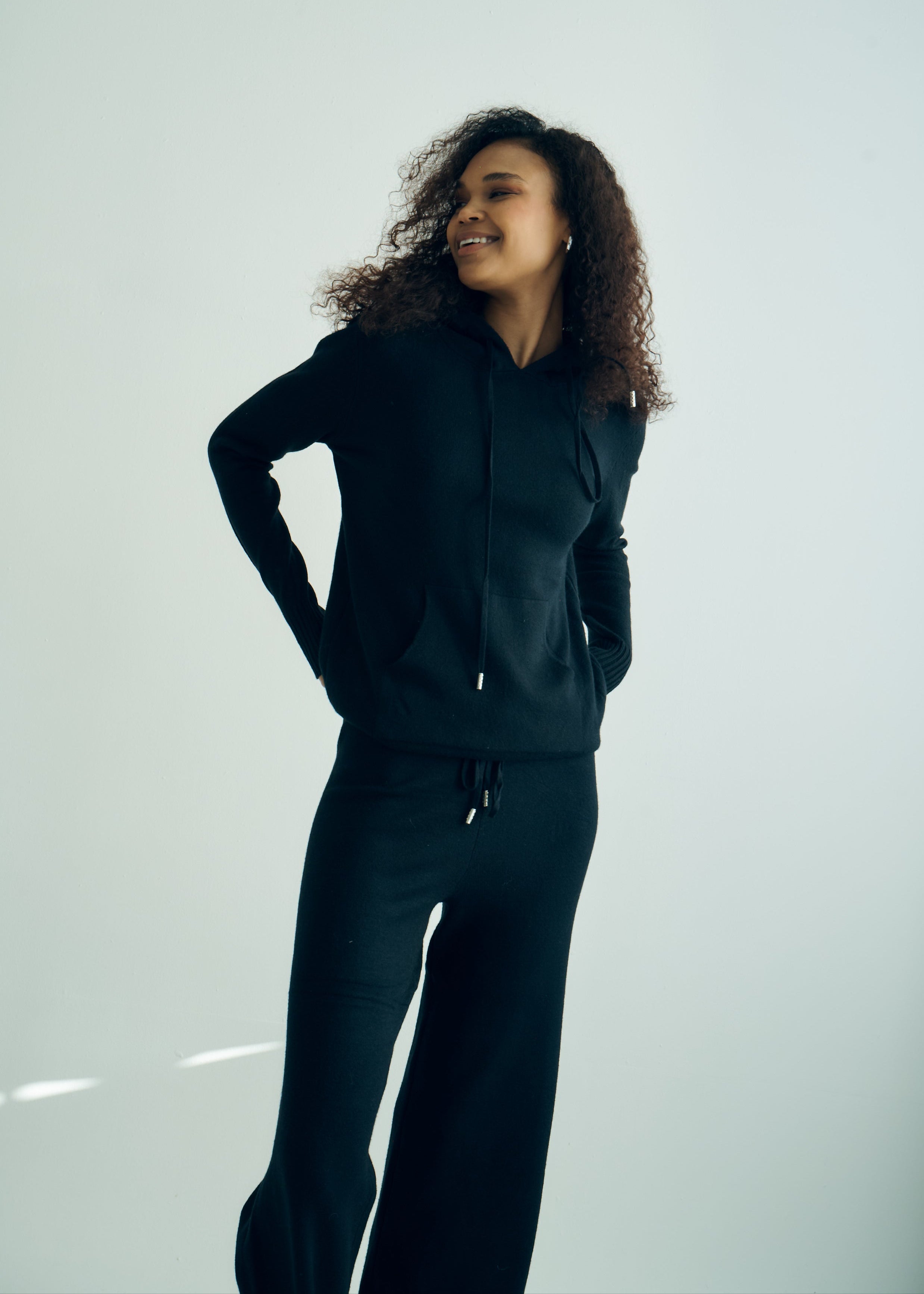 Cloud Knitted Viscose Hooded Set With Palazzo Pants In Black