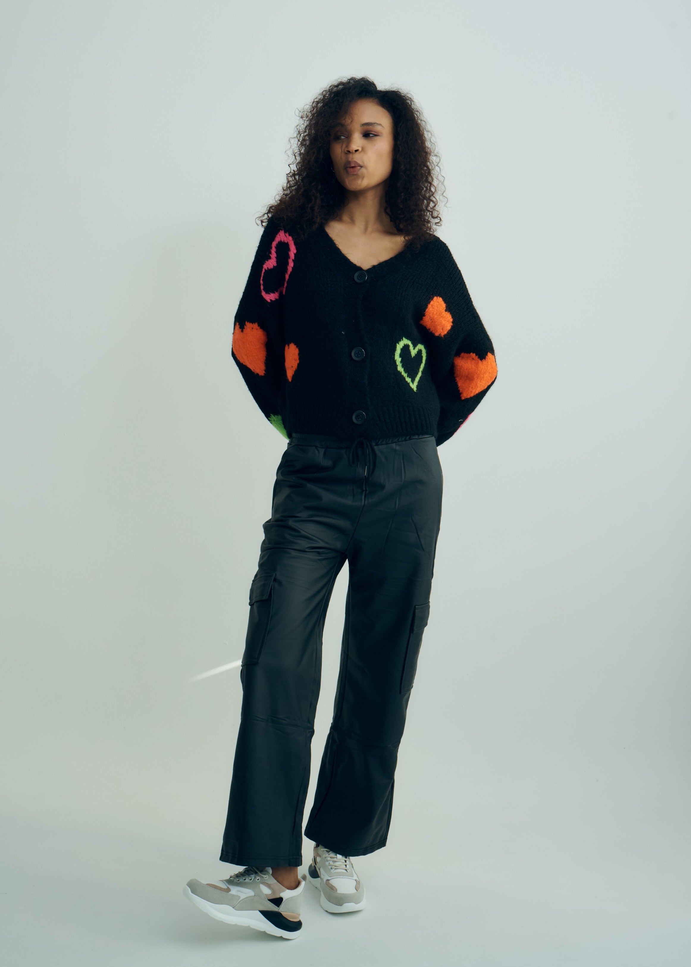 Keiko Italian Chunky Knit Cardigan with Colourful Hearts in Black