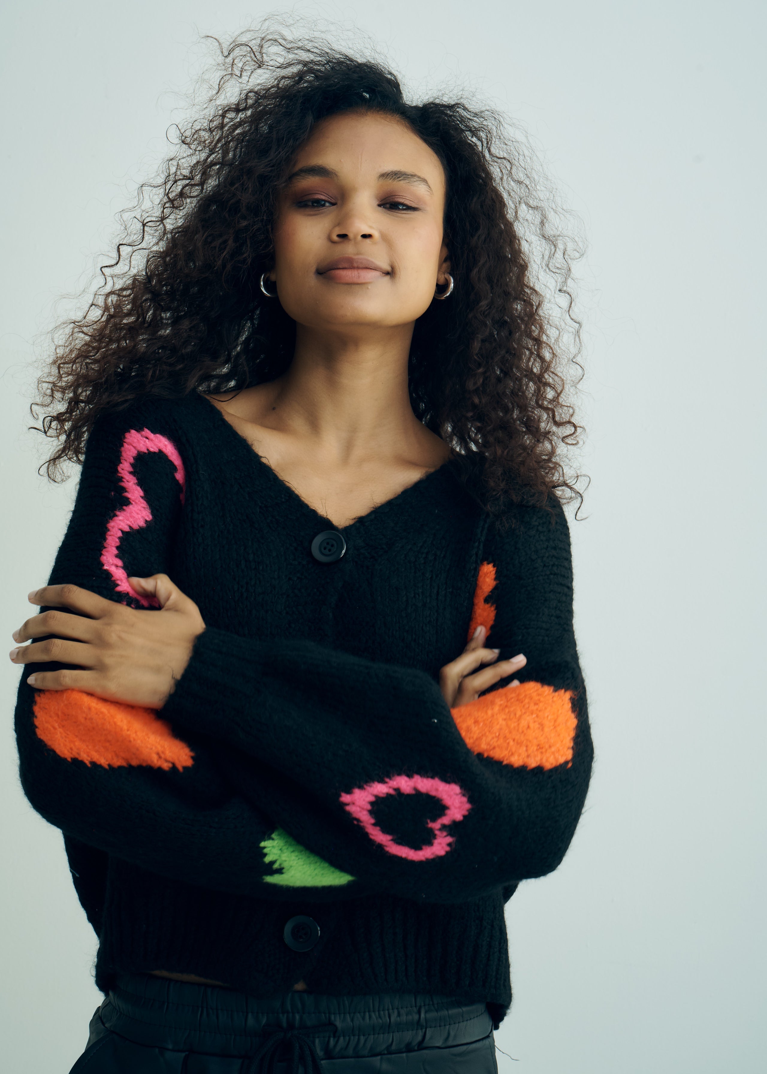 Keiko Italian Chunky Knit Cardigan with Colourful Hearts in Black