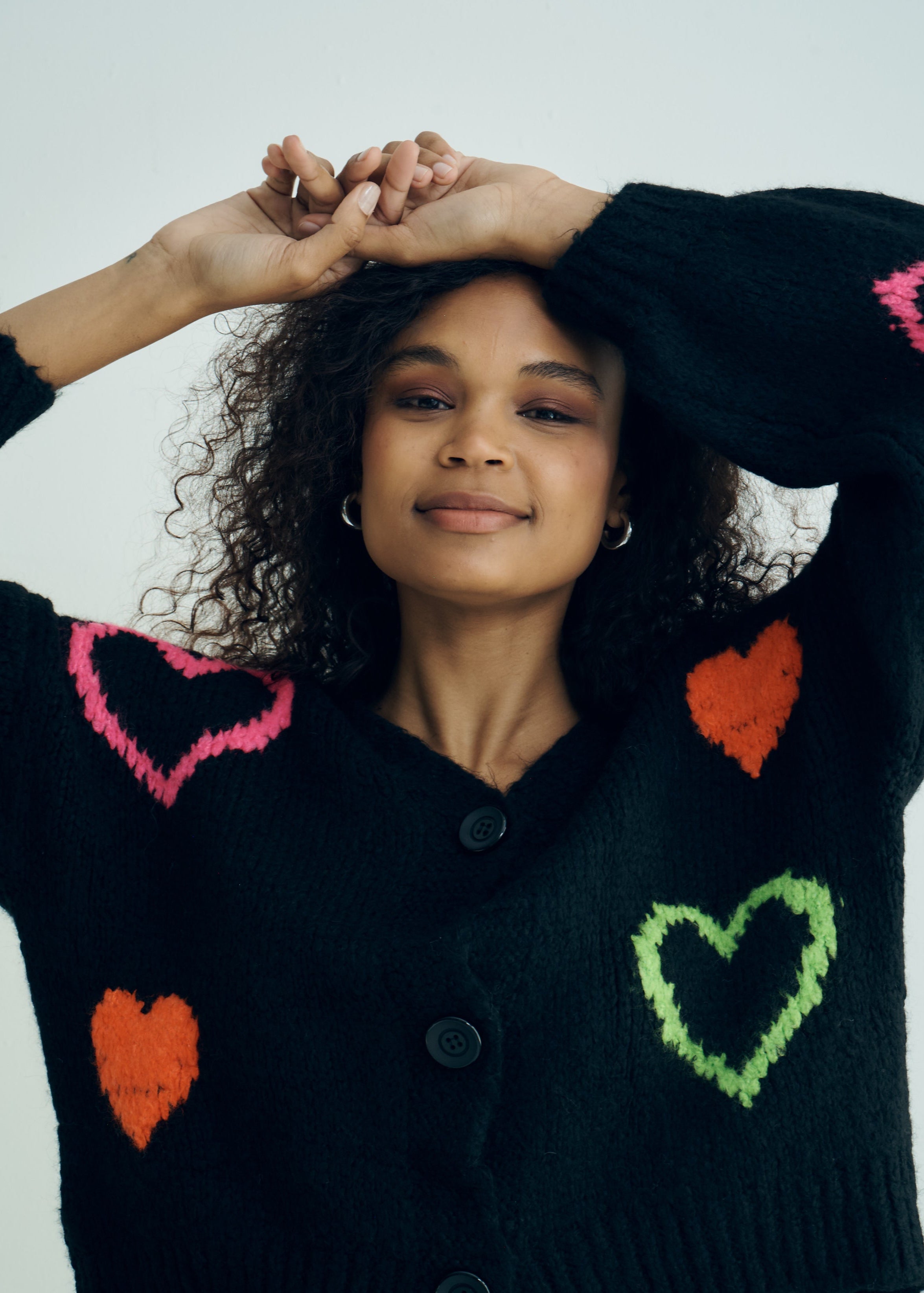 Keiko Italian Chunky Knit Cardigan with Colourful Hearts in Black