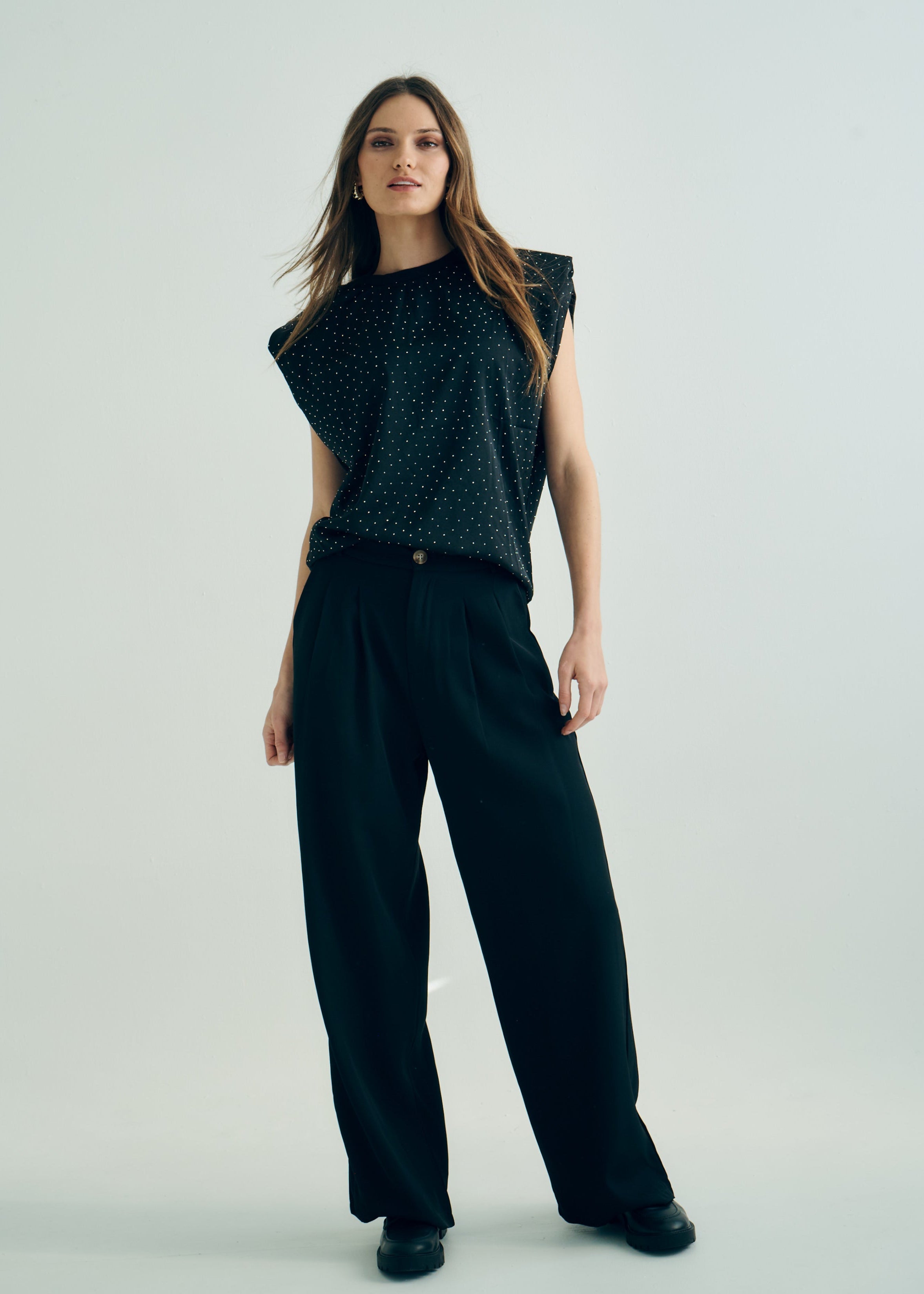 Marant Sleeveless Top with Shoulder Pads and Silver Studs in Black