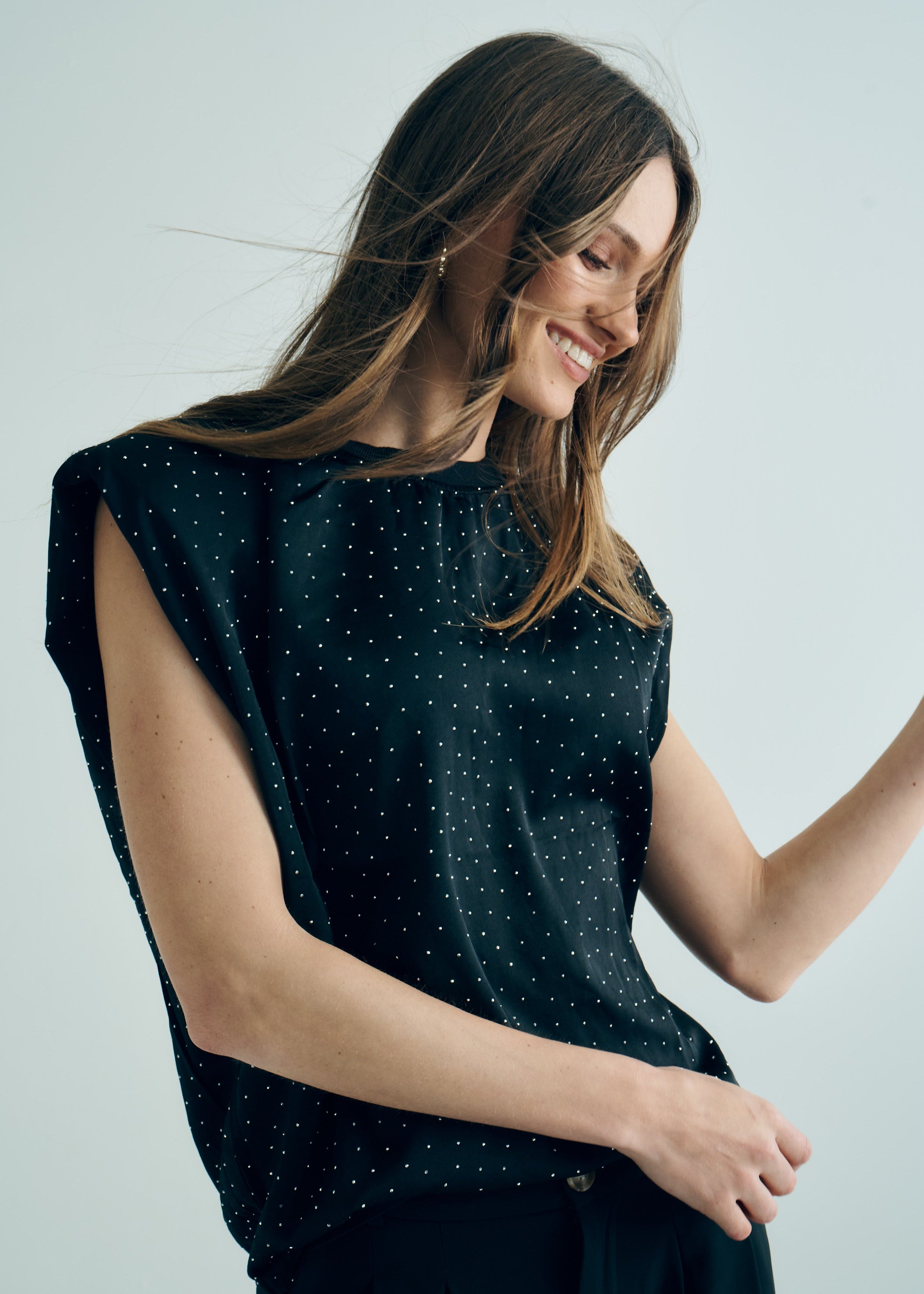Marant Sleeveless Top with Shoulder Pads and Silver Studs in Black
