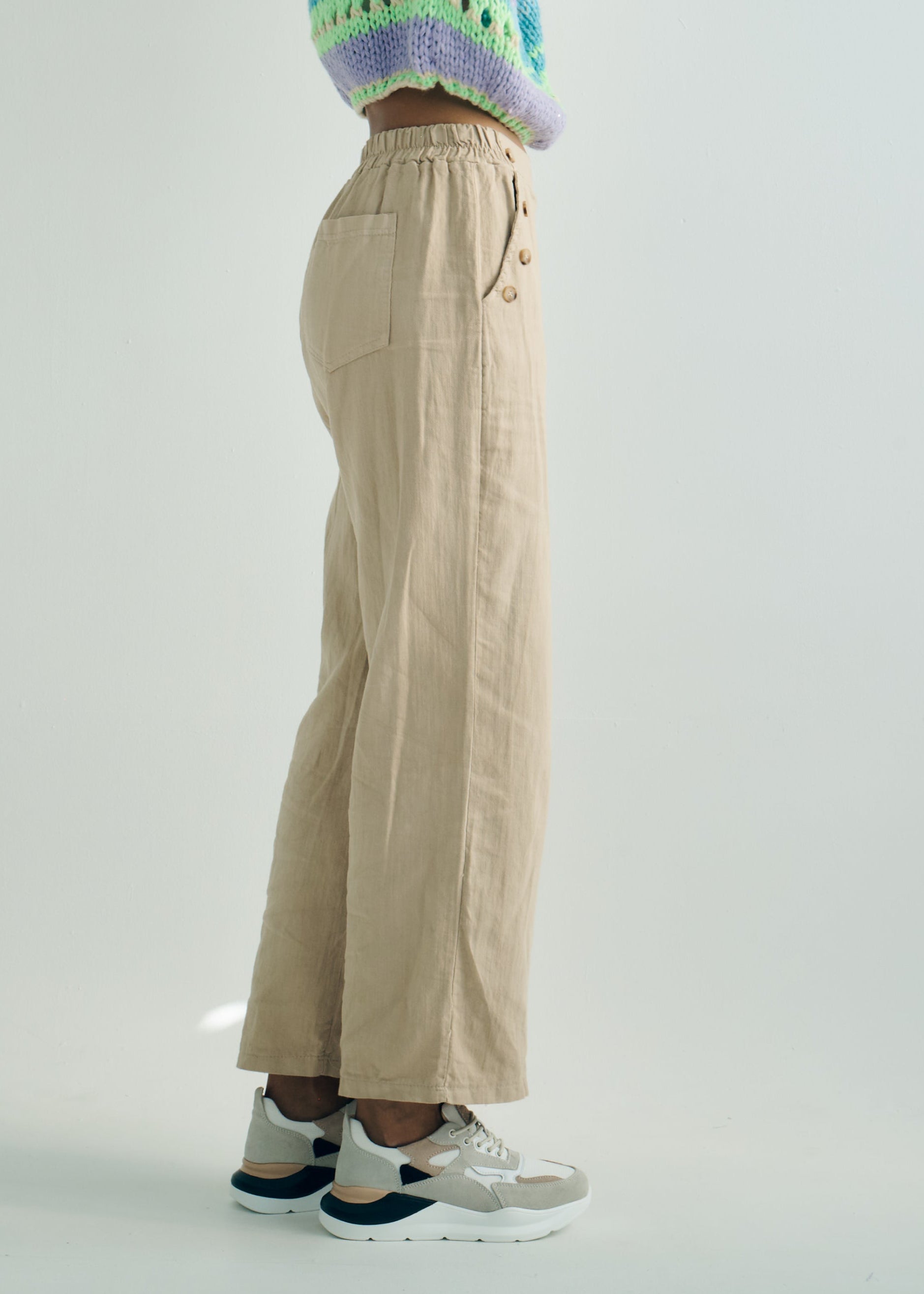 Italian Palazzo Pants with Front Buttons in Beige