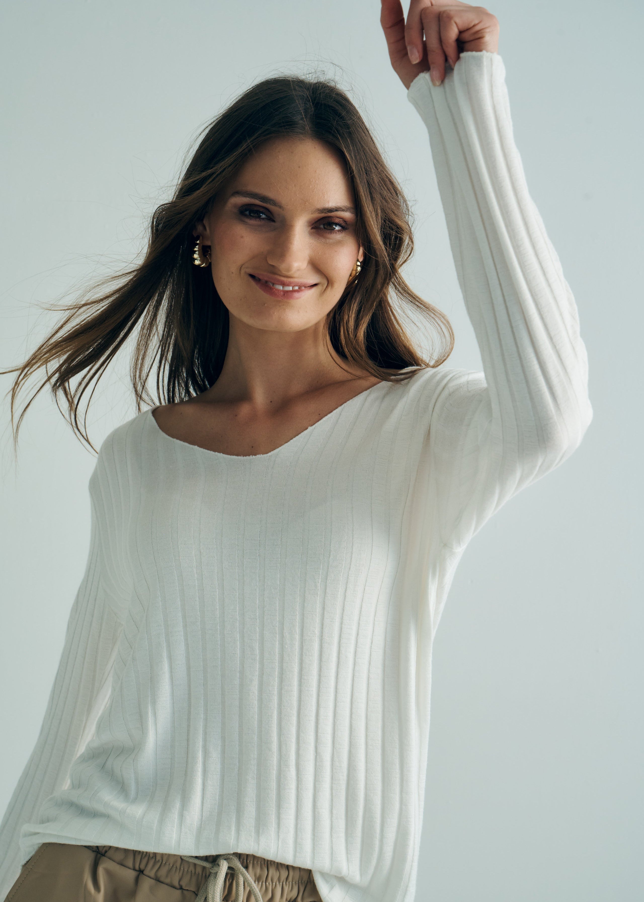 Italian V Neck Rib Knit in Off White