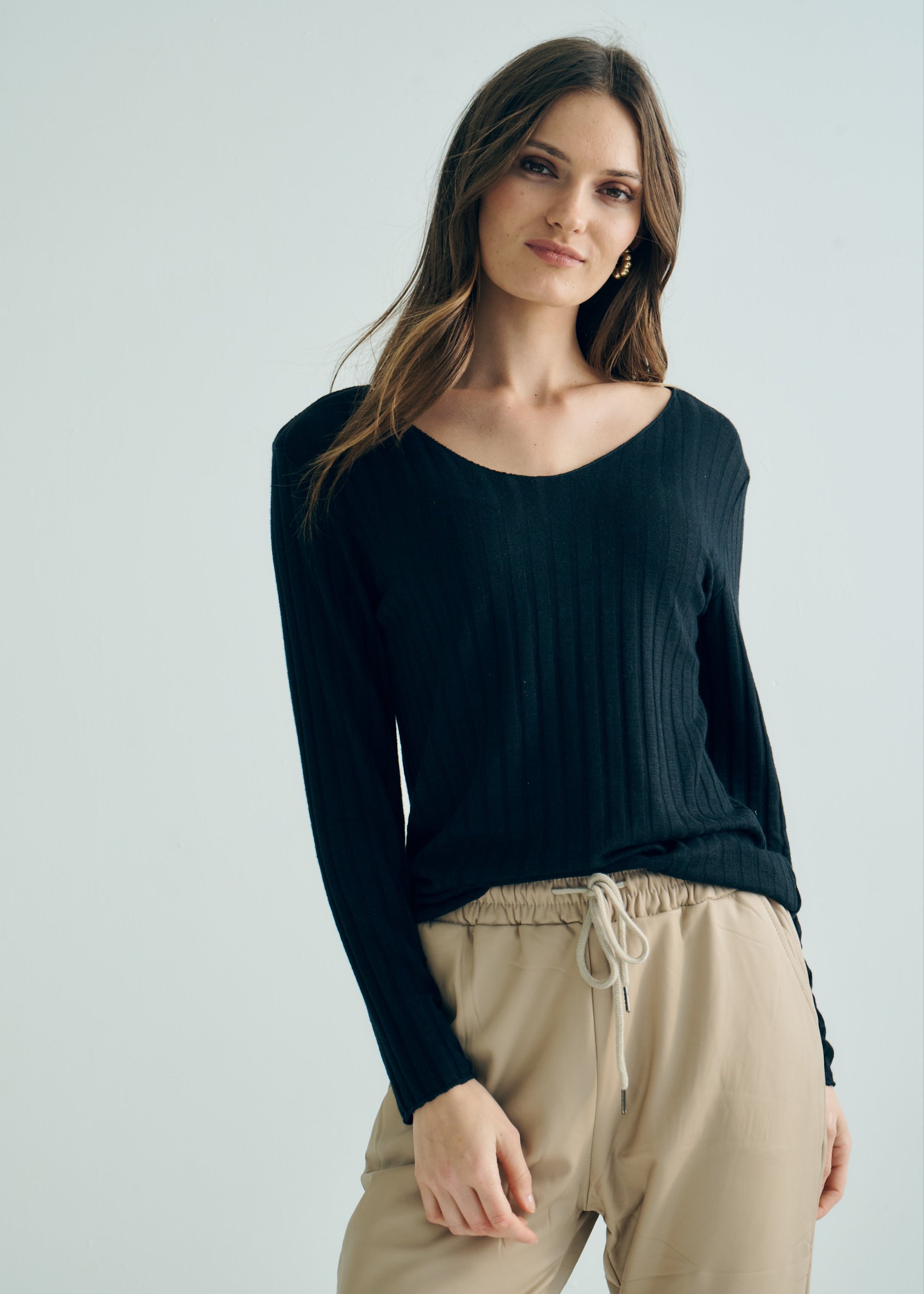 Italian V Neck Rib Knit in Black