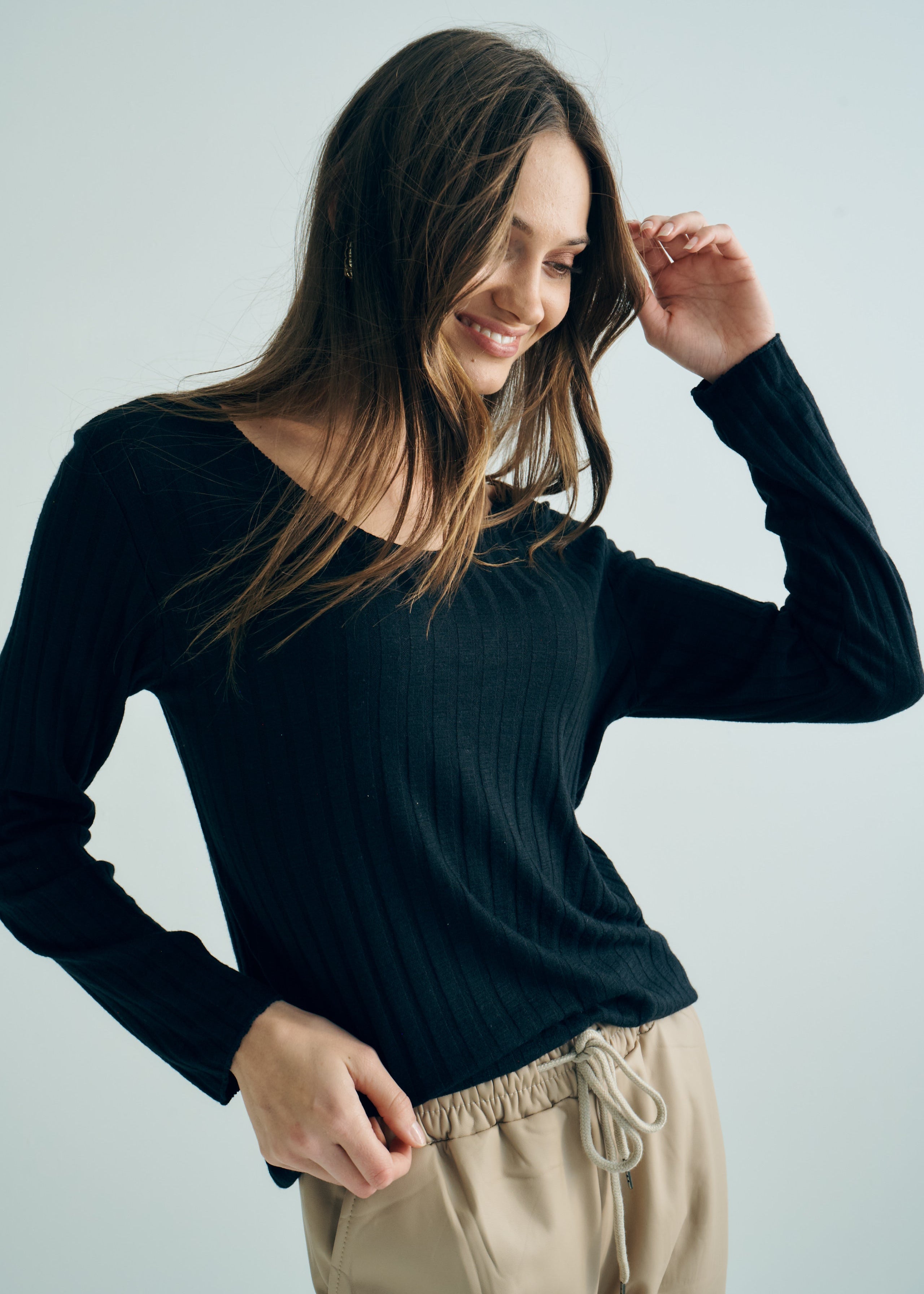 Italian V Neck Rib Knit in Black
