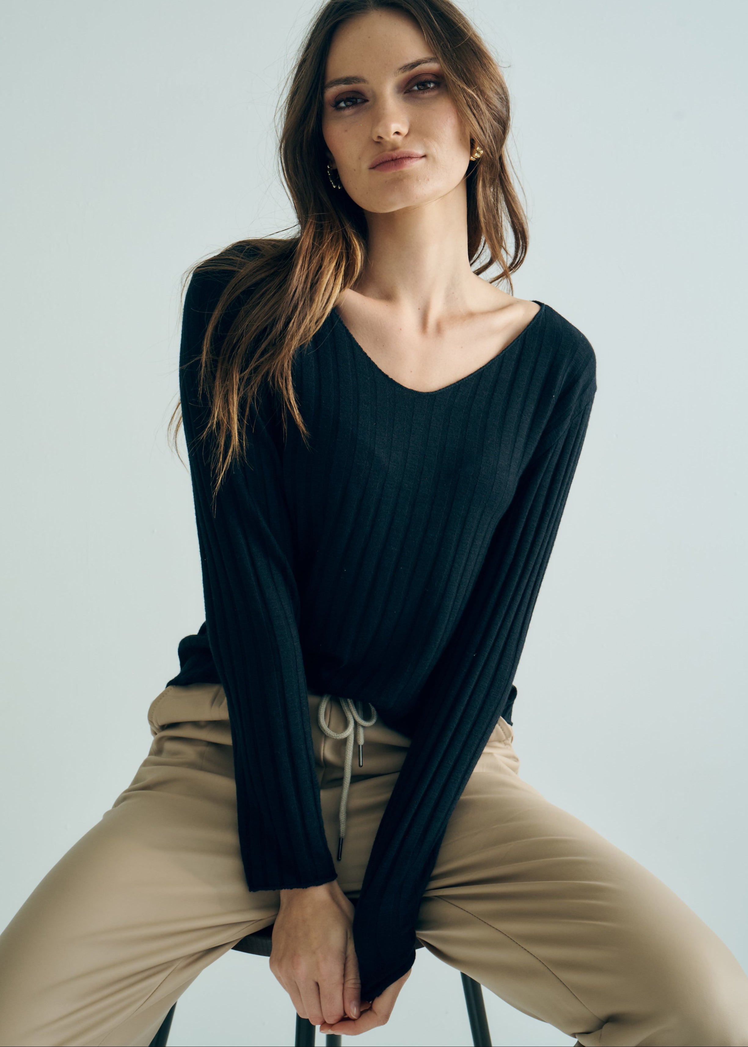 Italian V Neck Rib Knit in Black