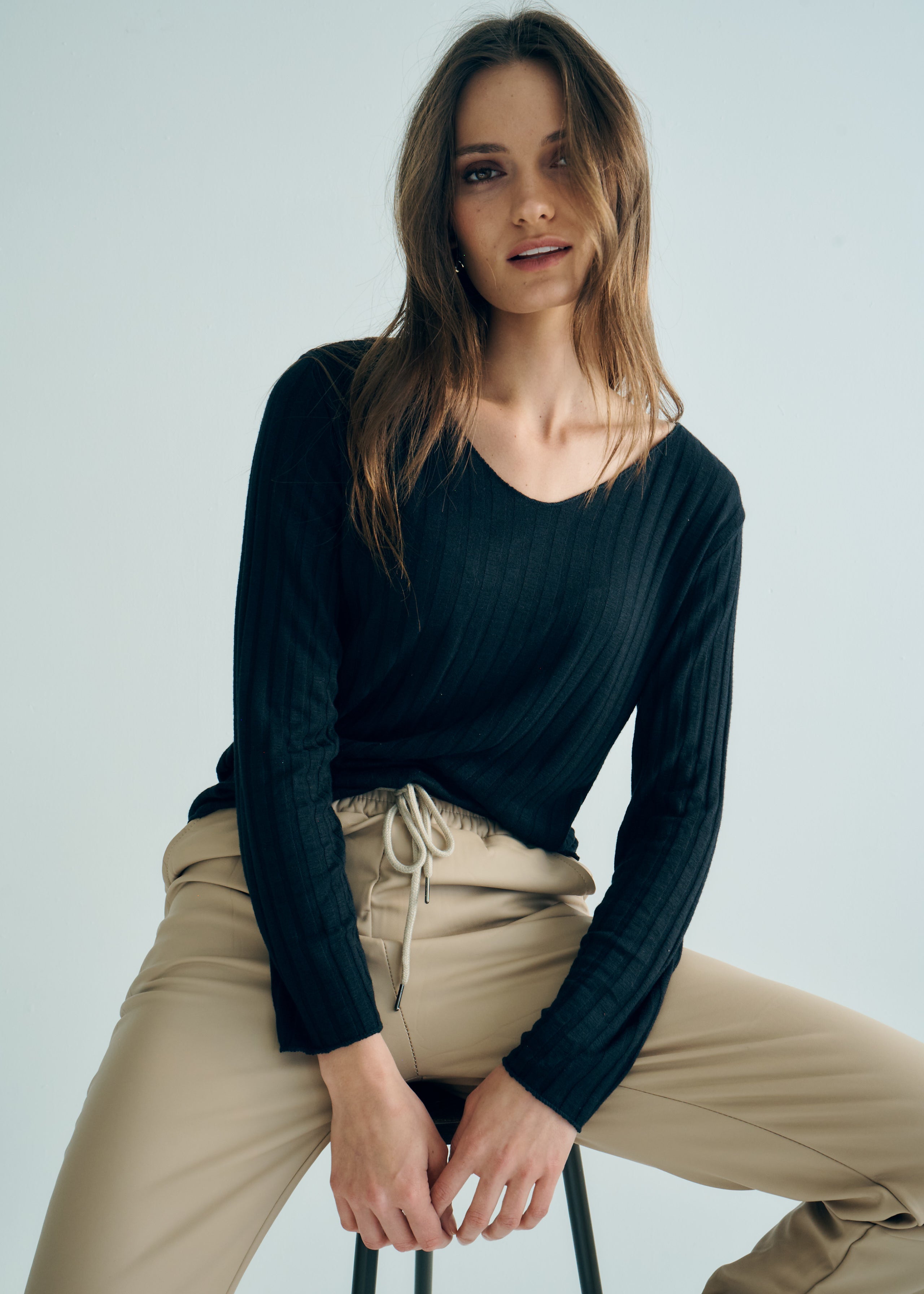 Italian V Neck Rib Knit in Black