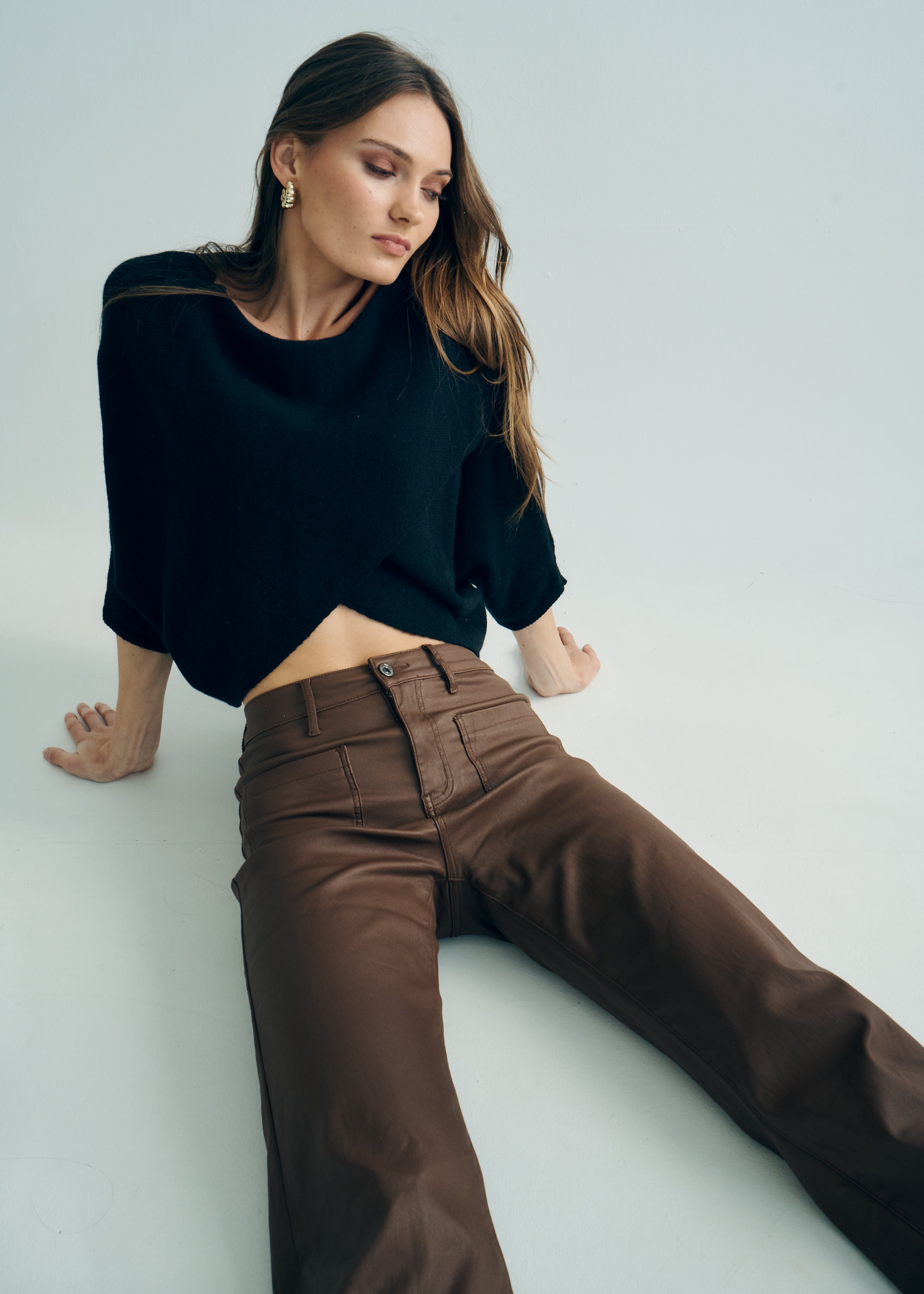 Vegan Leather Straight Leg Trousers in Caramel