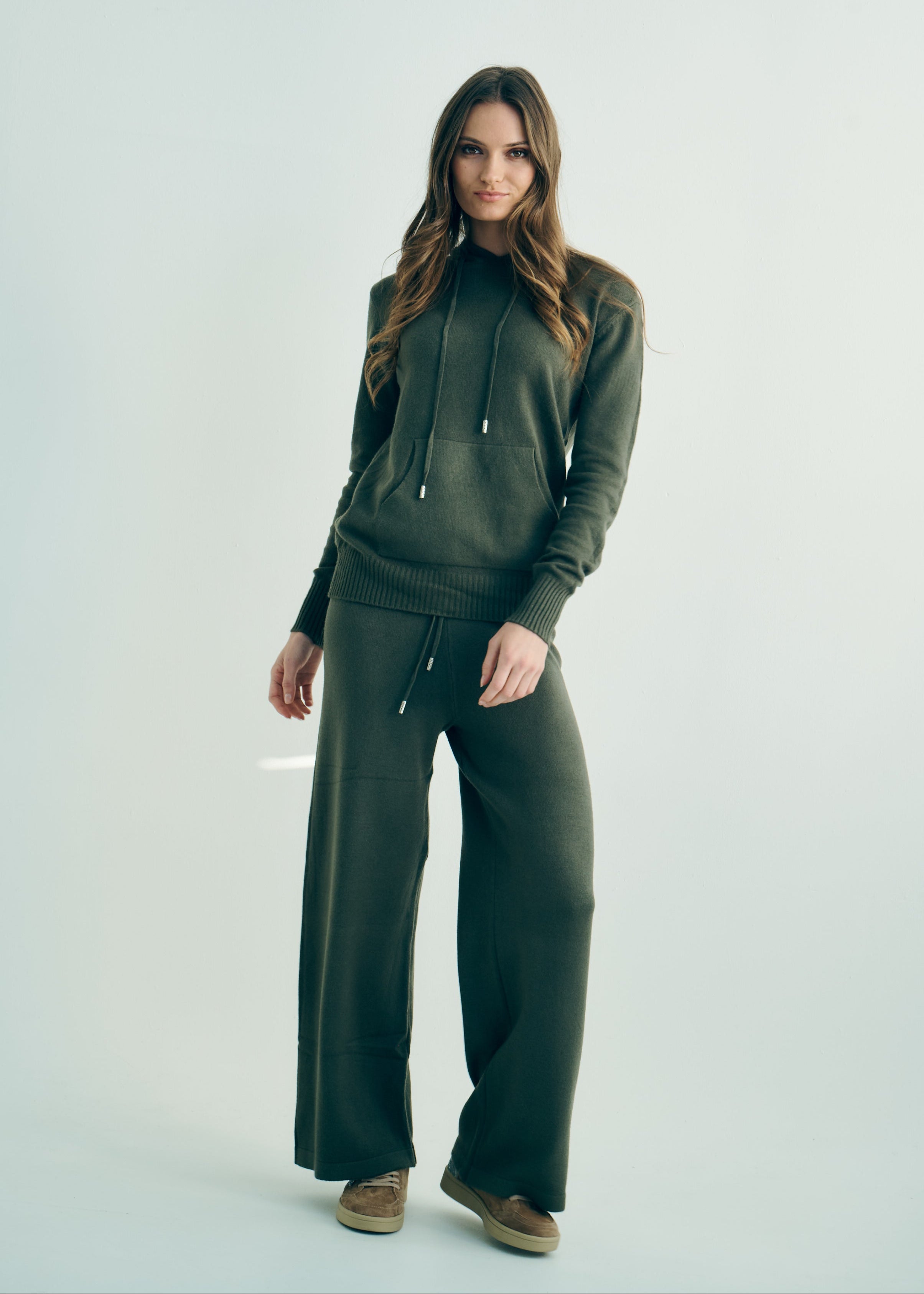 Cloud Knitted Viscose Hooded Set With Palazzo Pants In Khaki