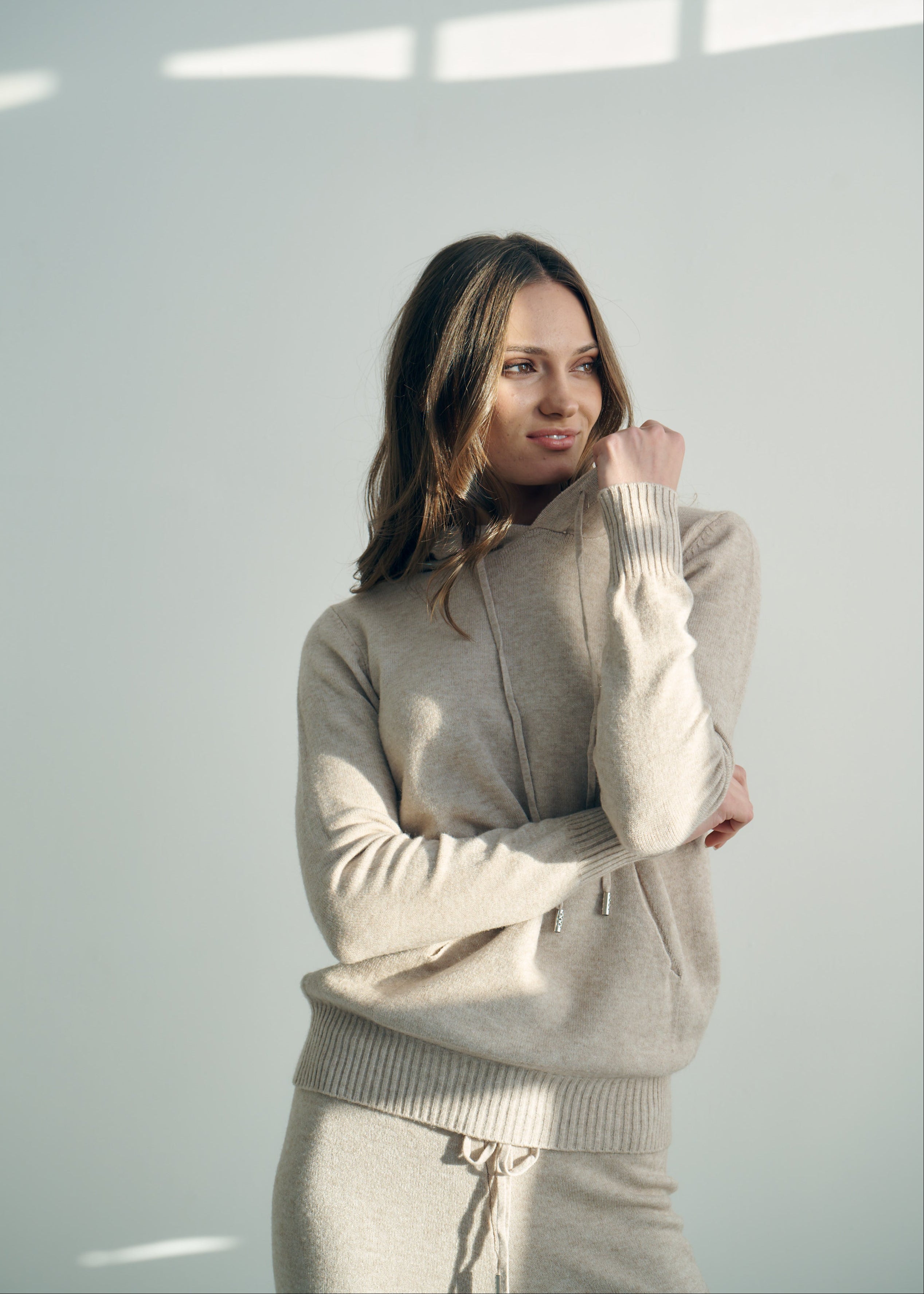 Cloud Knitted Viscose Hooded Set With Palazzo Pants In Taupe