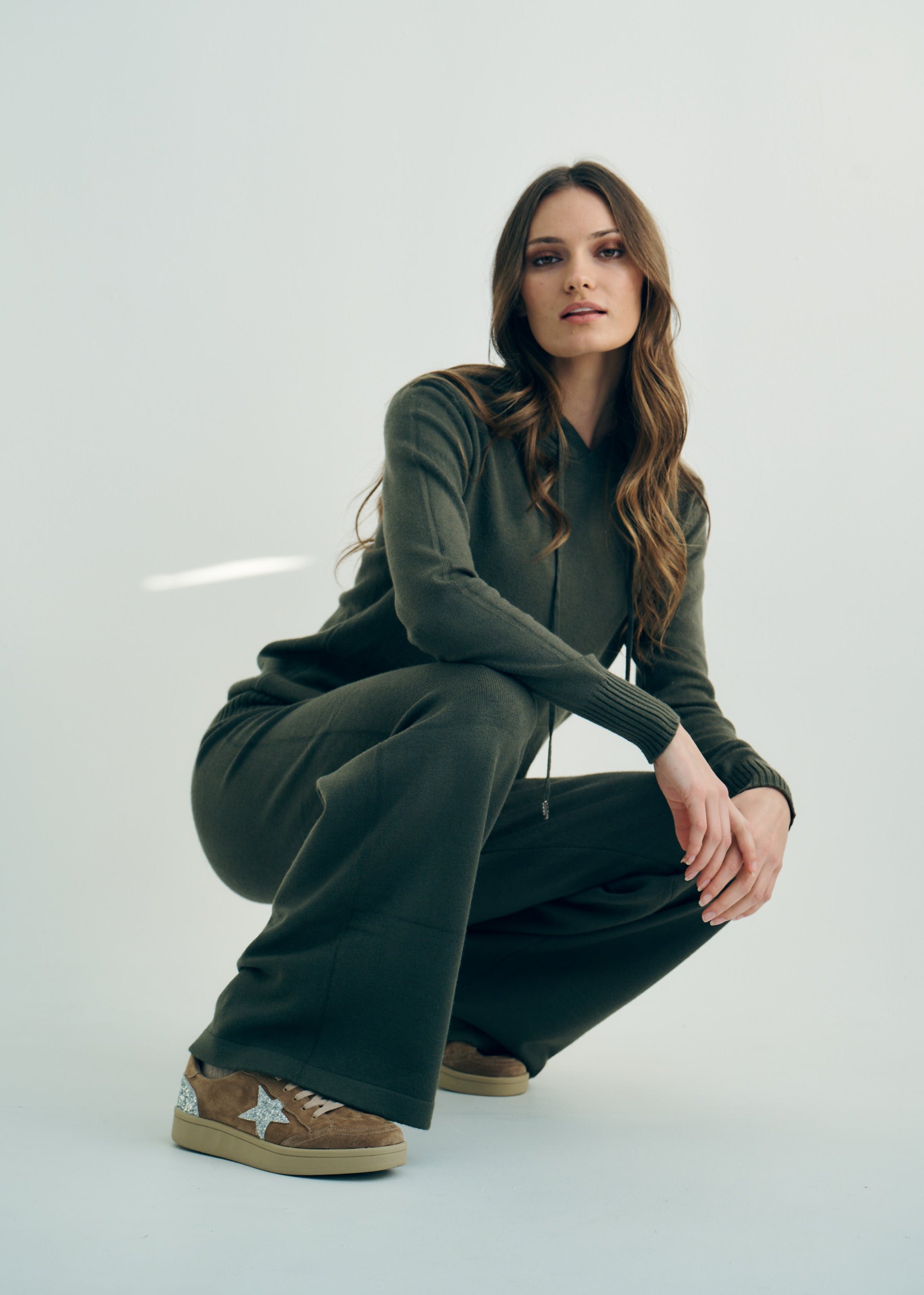 Cloud Knitted Viscose Hooded Set With Palazzo Pants In Khaki