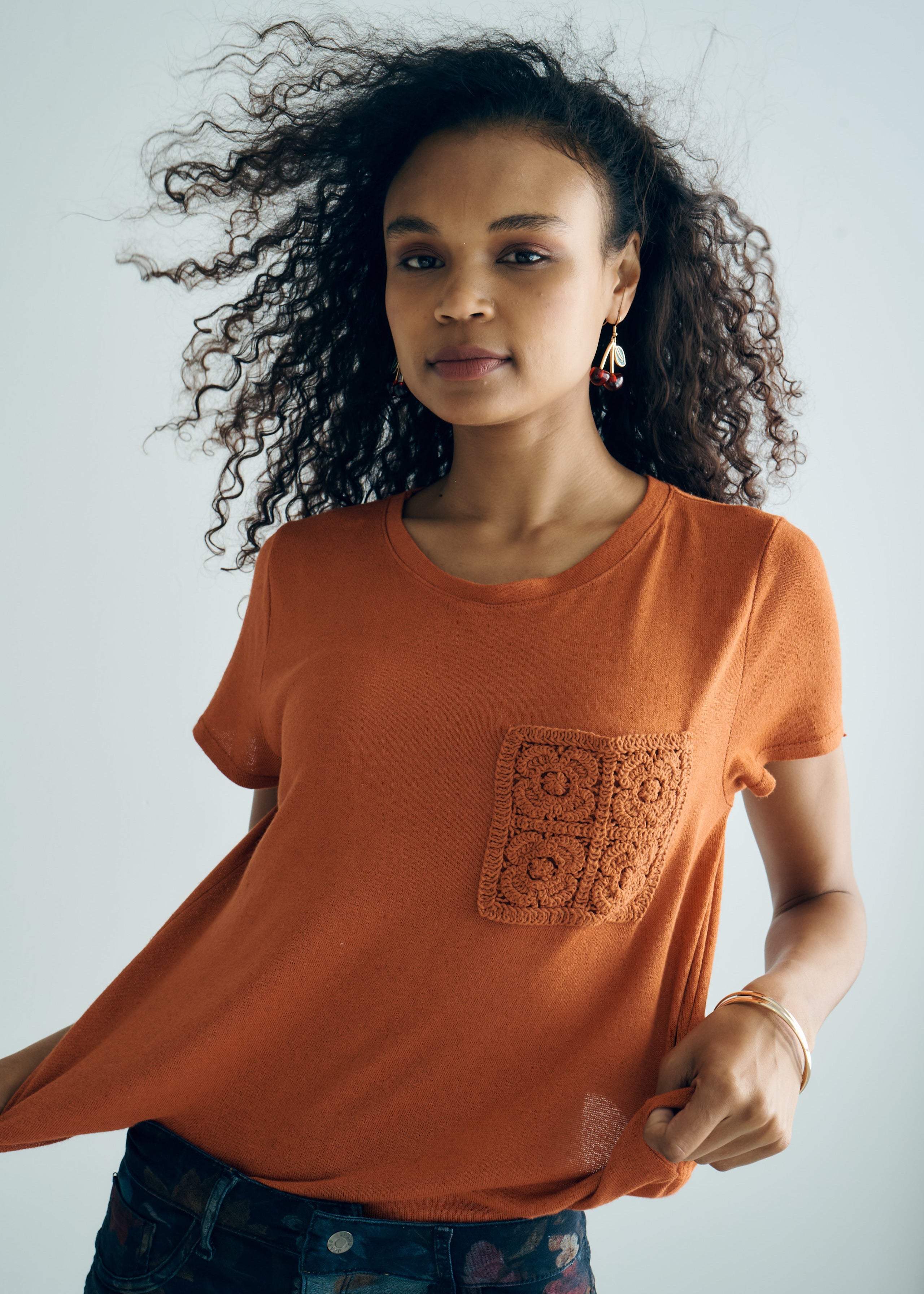 Italian Knitted Tee with Crochet Pocket in Rust