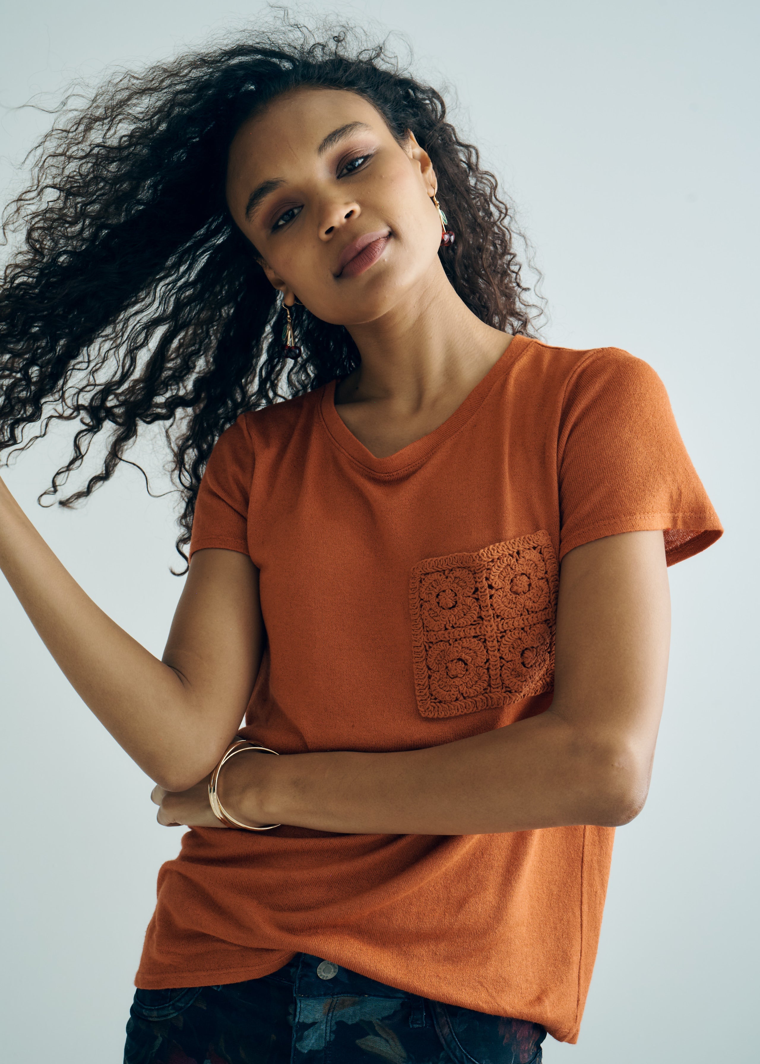 Italian Knitted Tee with Crochet Pocket in Rust