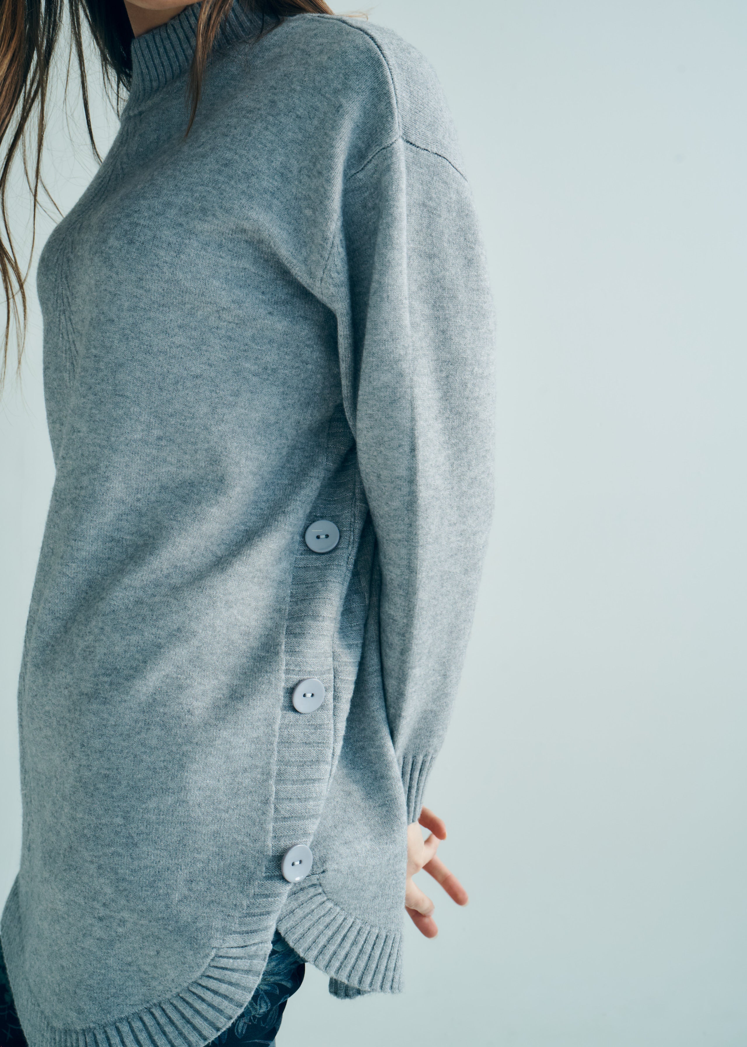 Audrey Knitted Viscose Tunic with Side Buttons in Grey