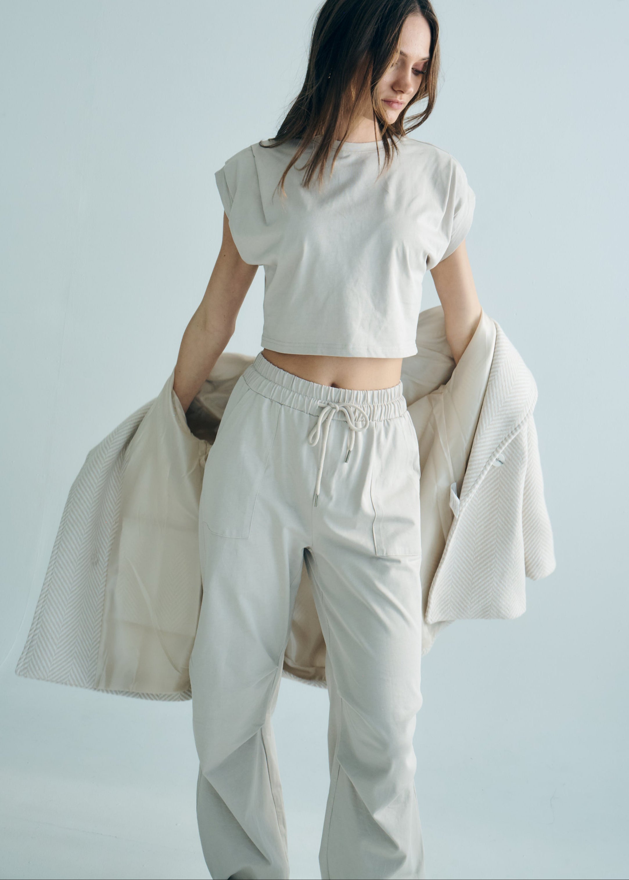 Tokyo Cotton Track Set with Pleated Detail in Beige