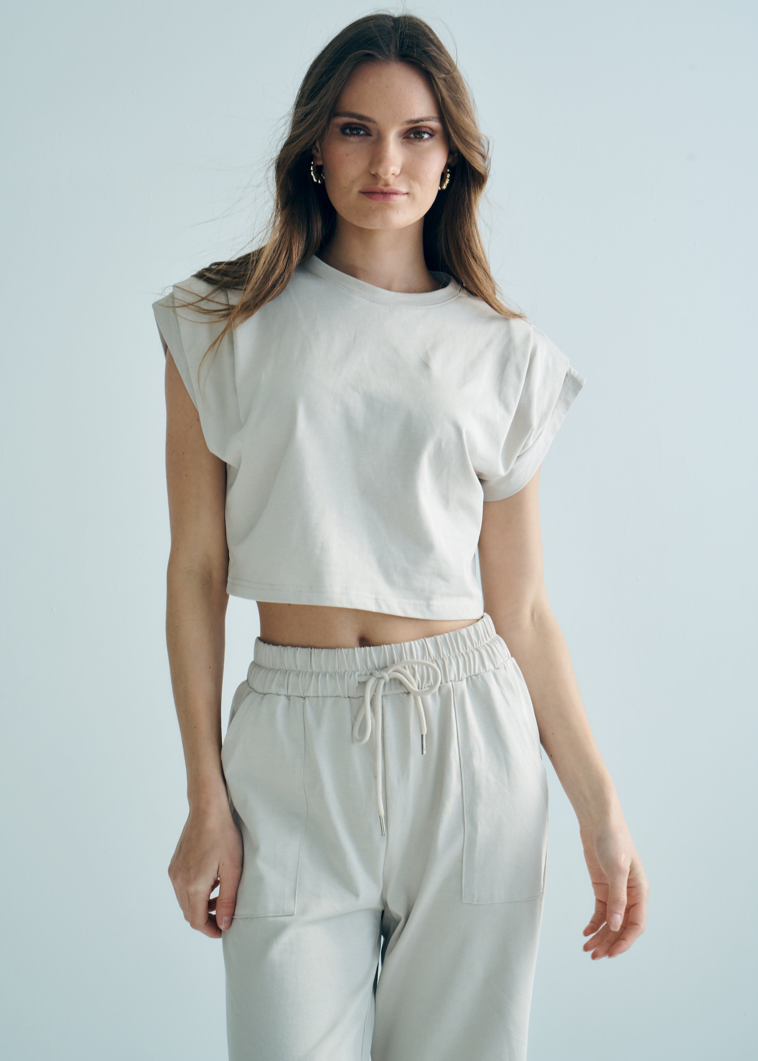 Tokyo Cotton Track Set with Pleated Detail in Beige