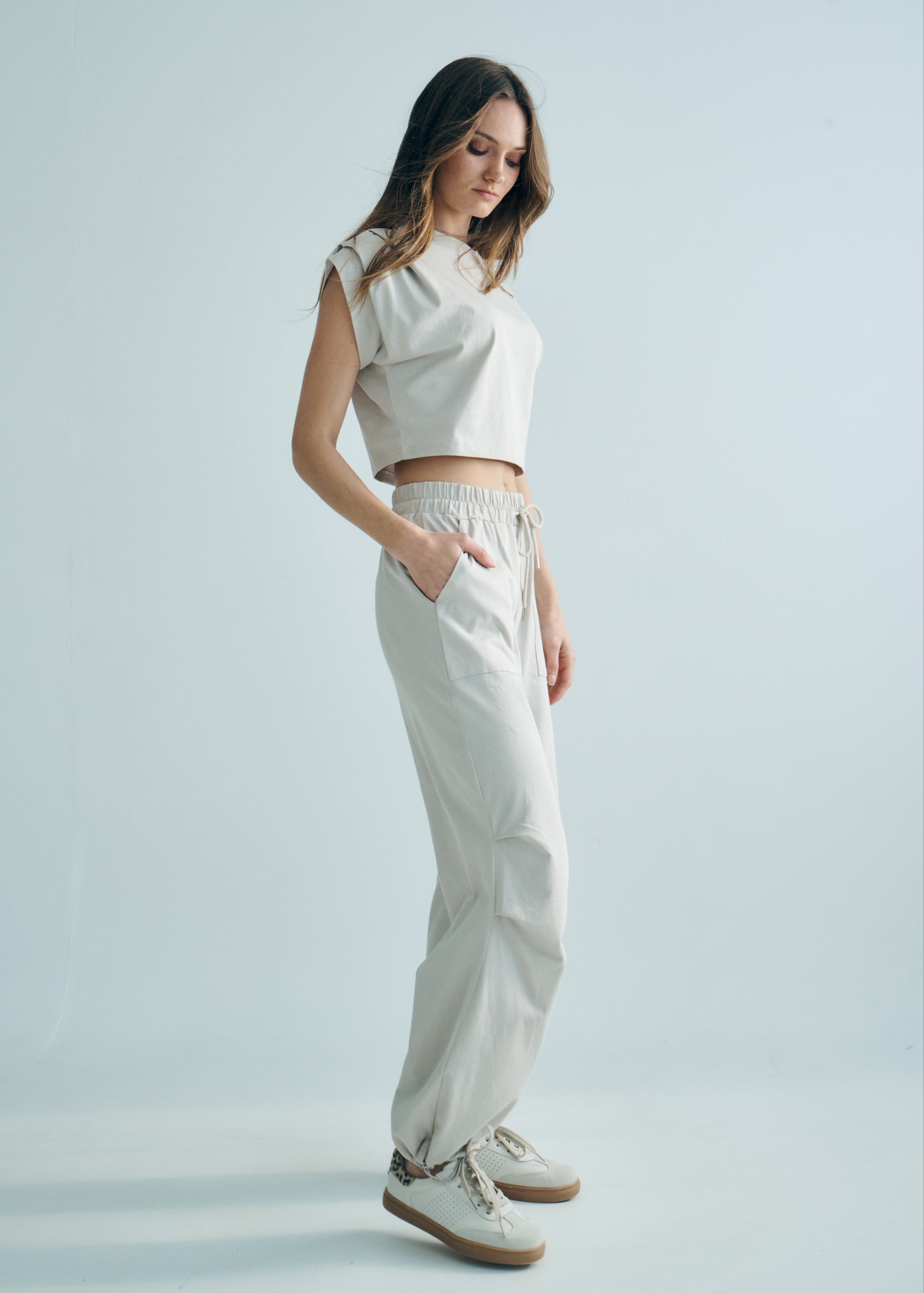 Tokyo Cotton Track Set with Pleated Detail in Beige