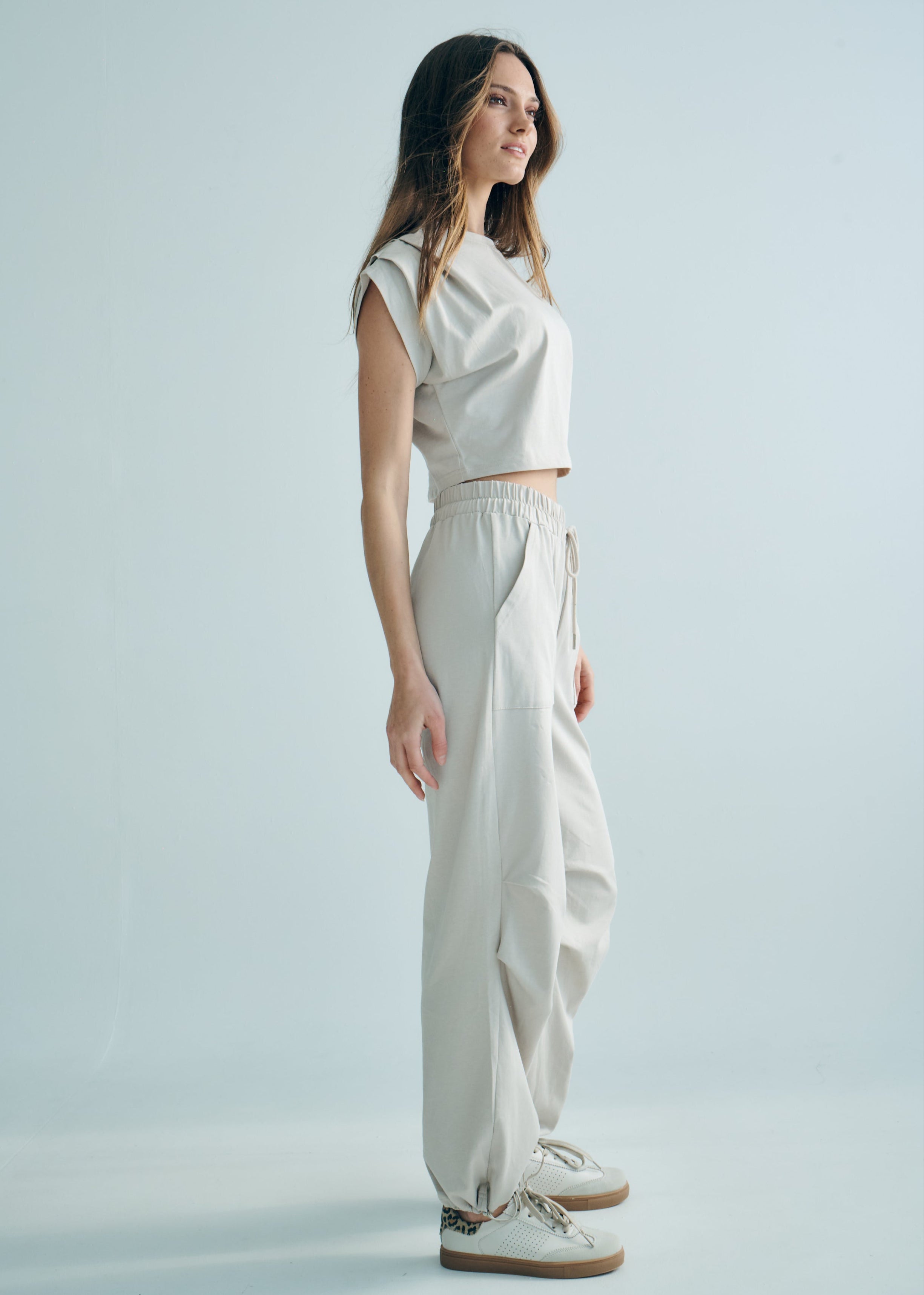 Tokyo Cotton Track Set with Pleated Detail in Beige