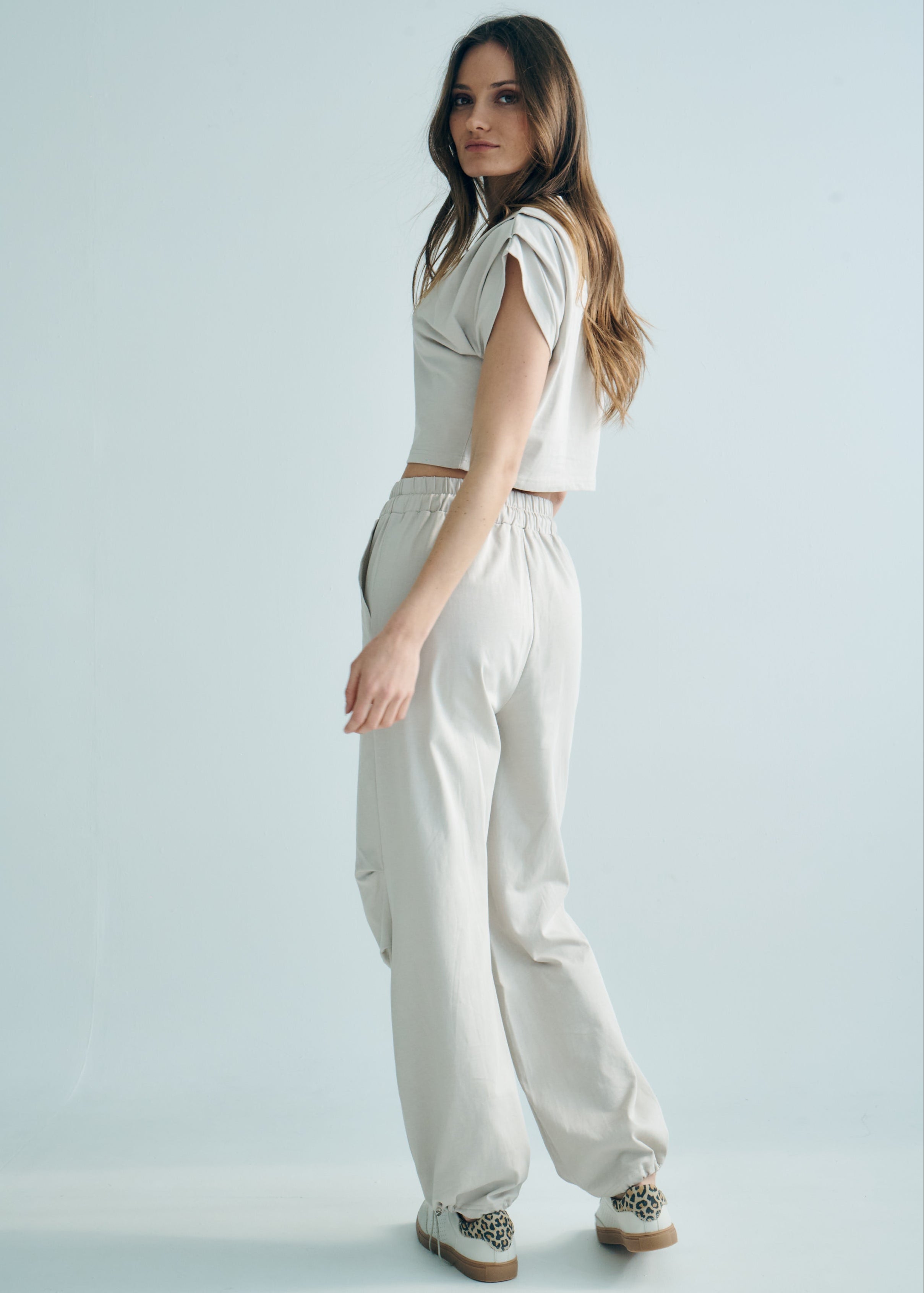 Tokyo Cotton Track Set with Pleated Detail in Beige