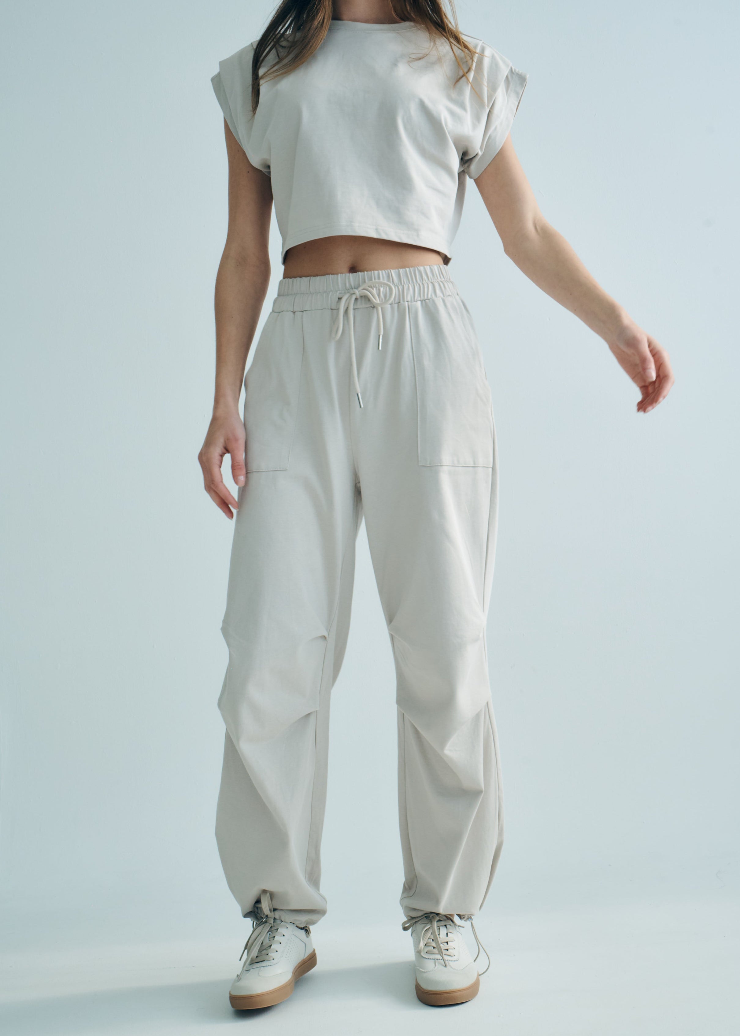 Tokyo Cotton Track Set with Pleated Detail in Beige