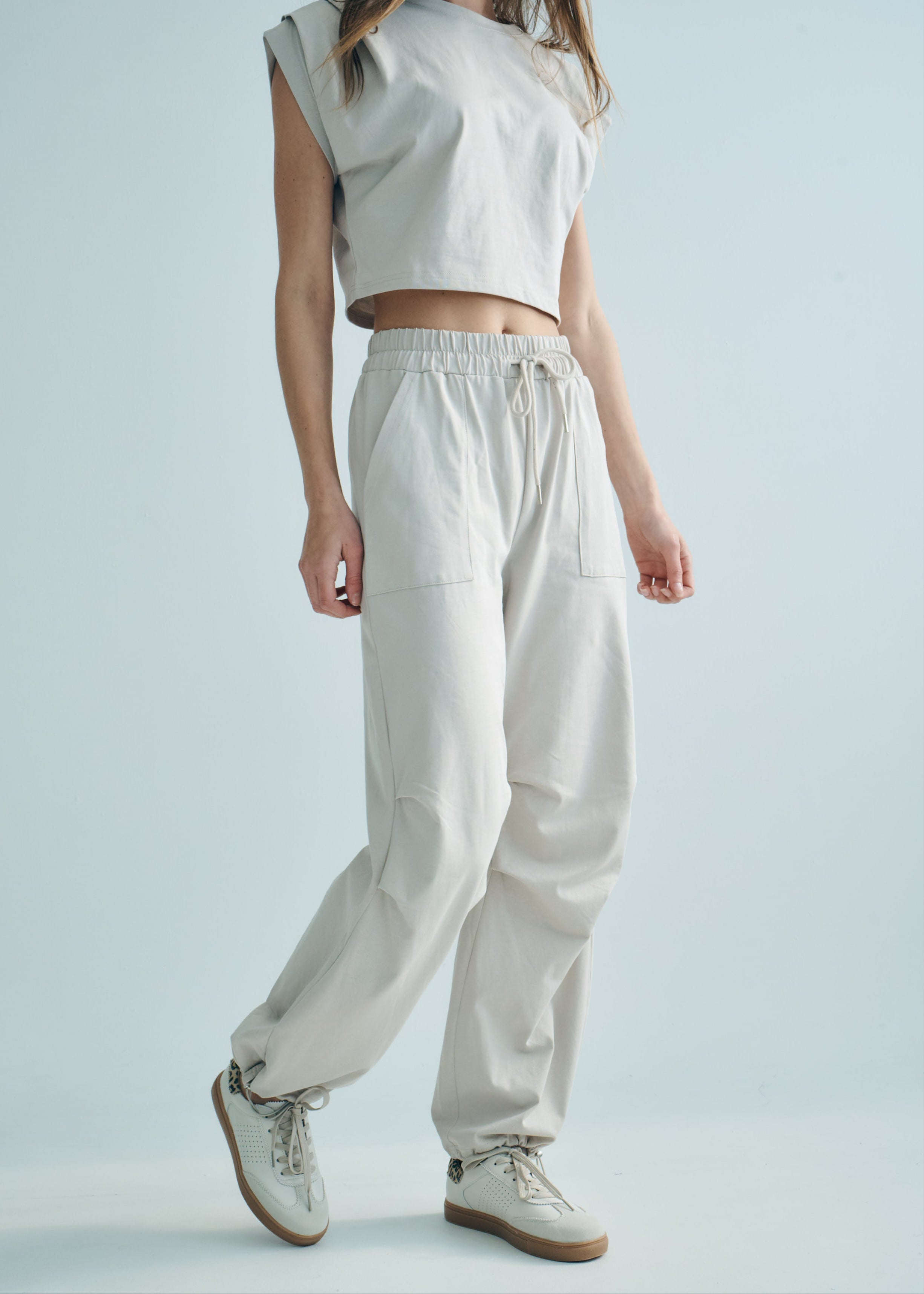 Tokyo Cotton Track Set with Pleated Detail in Beige