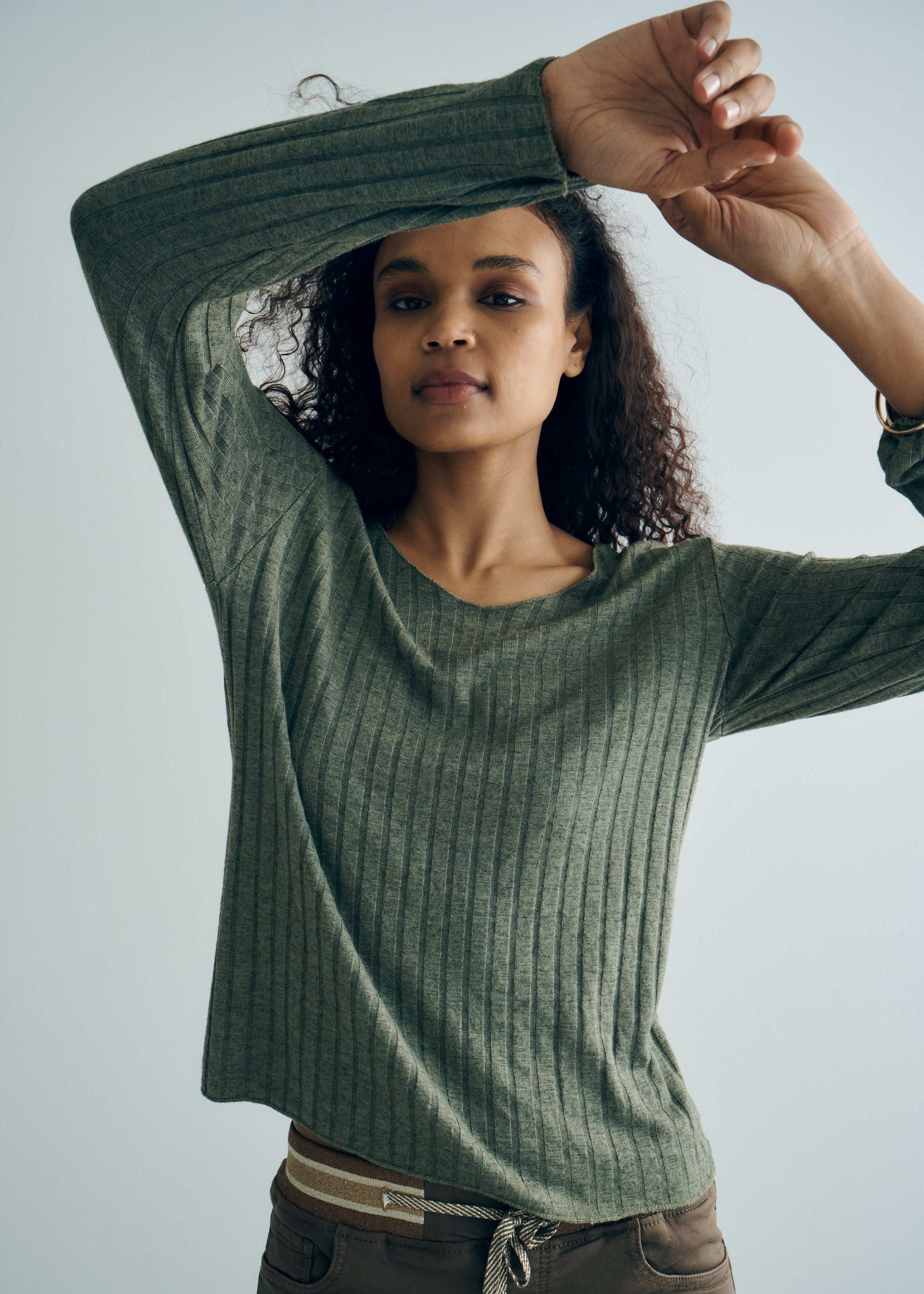 Italian V Neck Rib Knit in Khaki