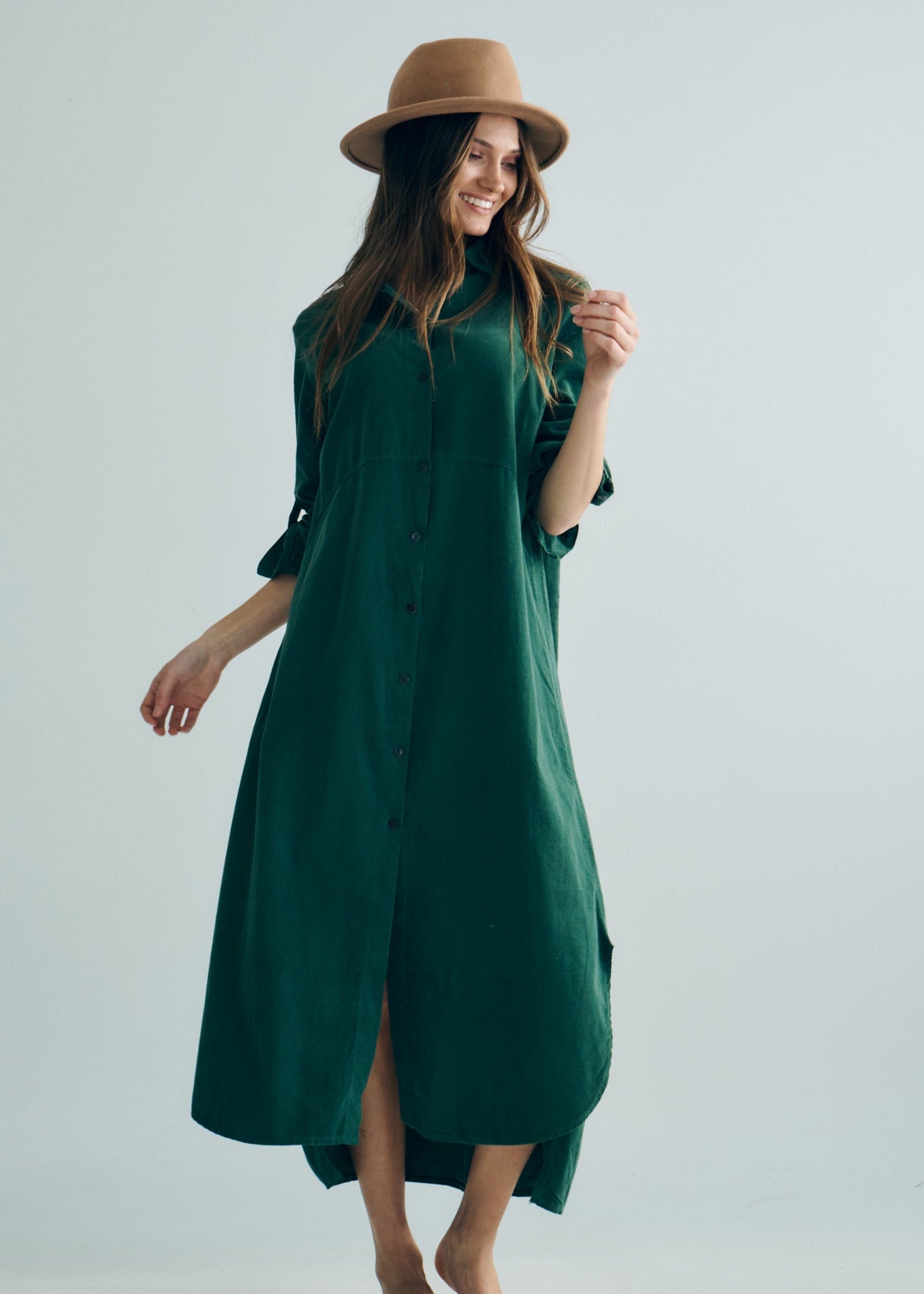 Roma Italian Velour Button up Dress in Bottle Green
