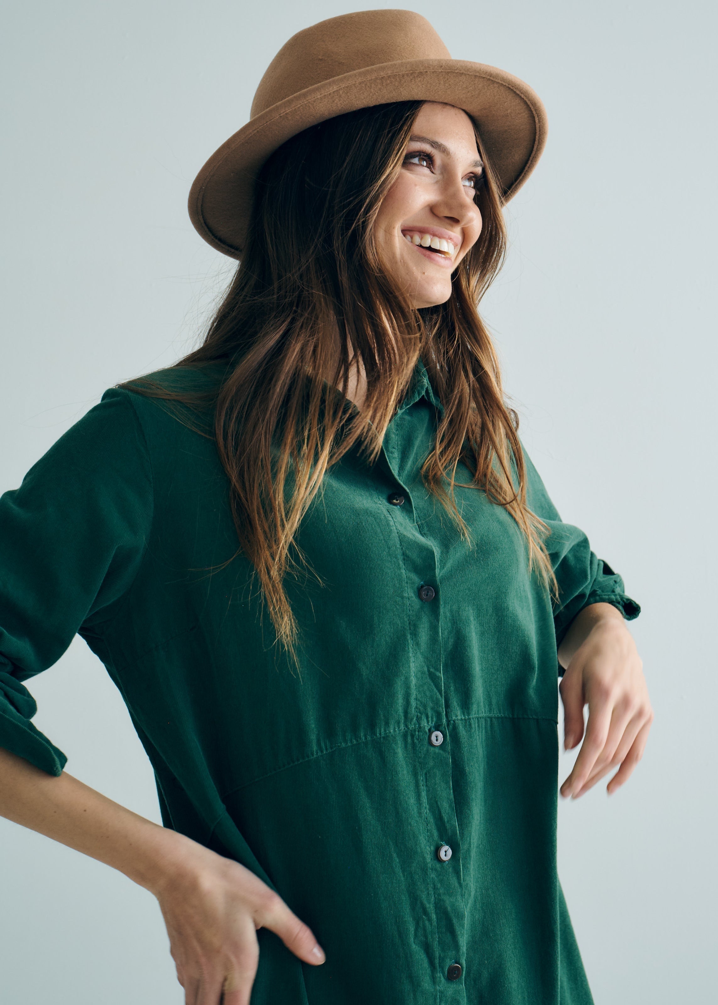 Roma Italian Velour Button up Dress in Bottle Green