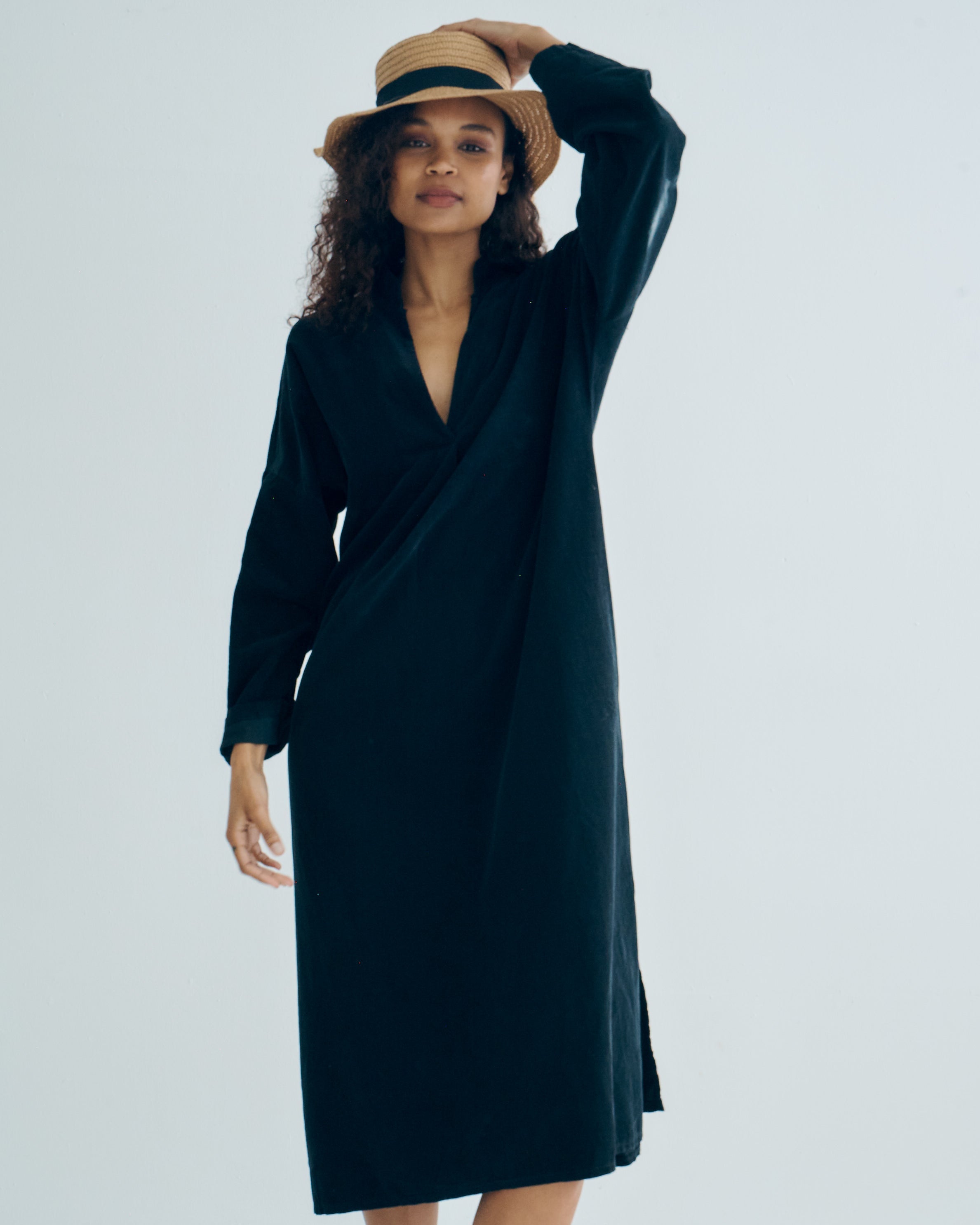 Stella Italian Velour Deep V Neck Dress in Black