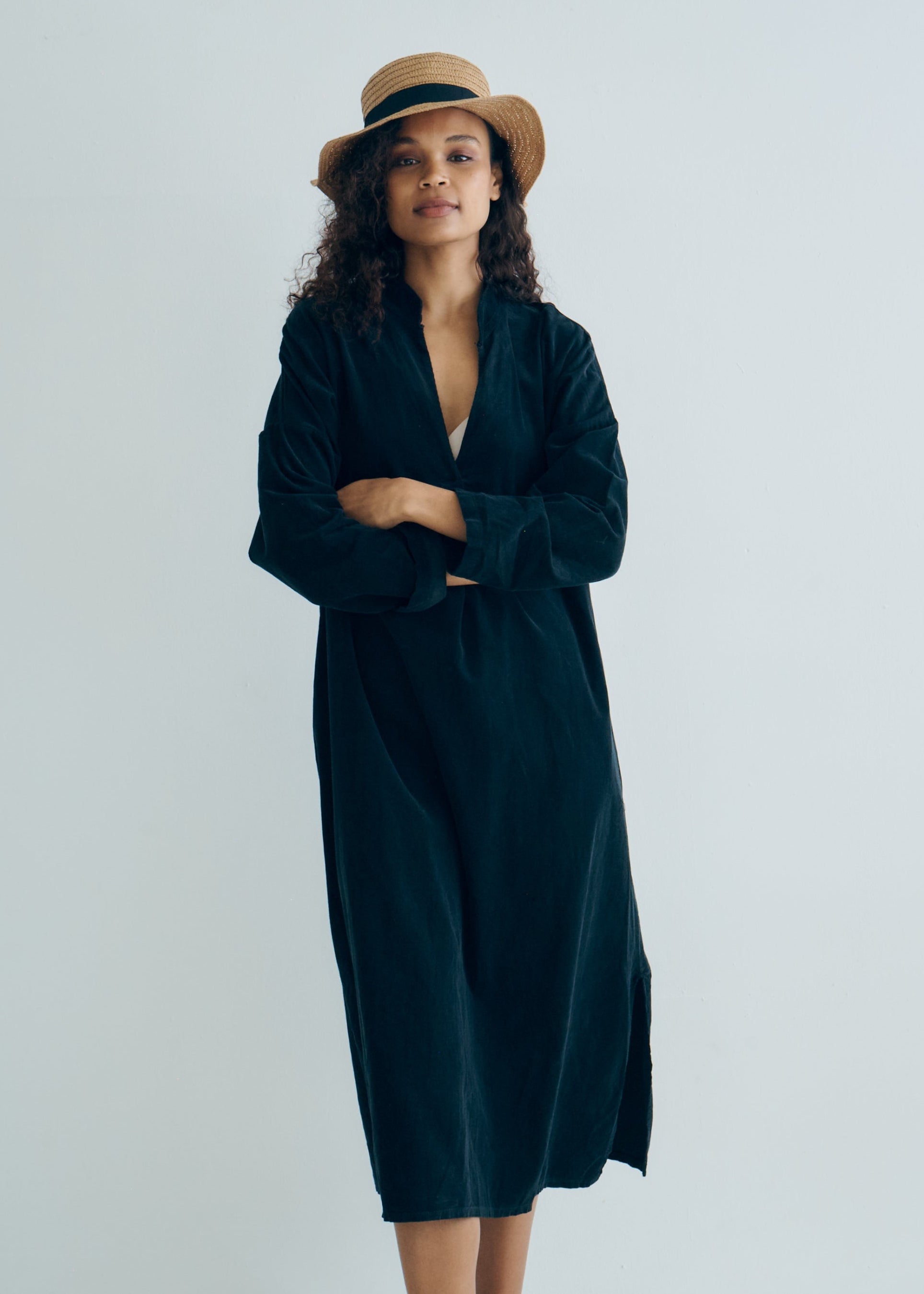 Stella Italian Velour Deep V Neck Dress in Black