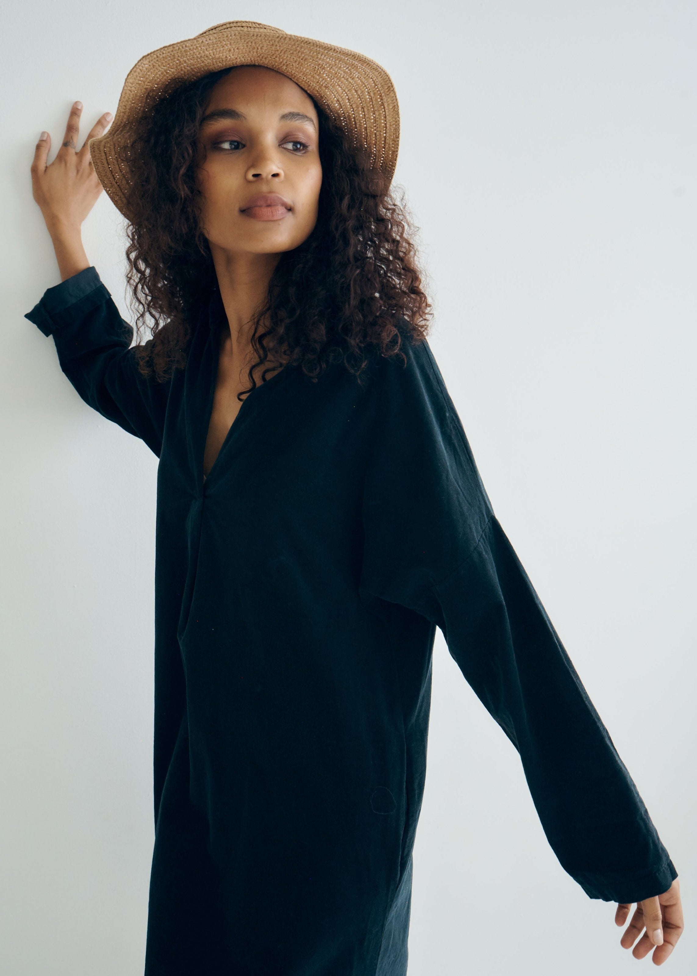 Stella Italian Velour Deep V Neck Dress in Black