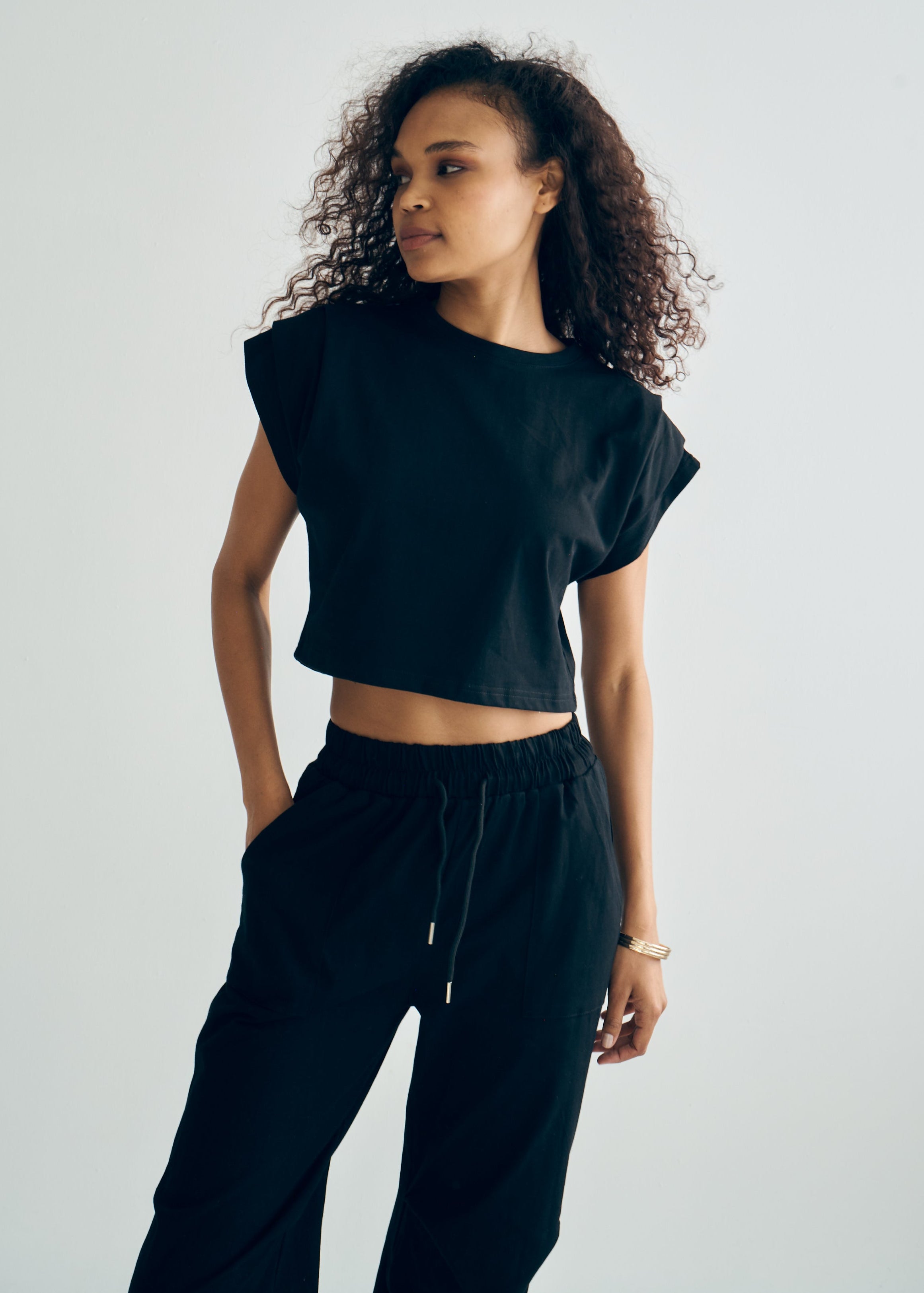 Tokyo Cotton Track Set with Pleated Detail in Black