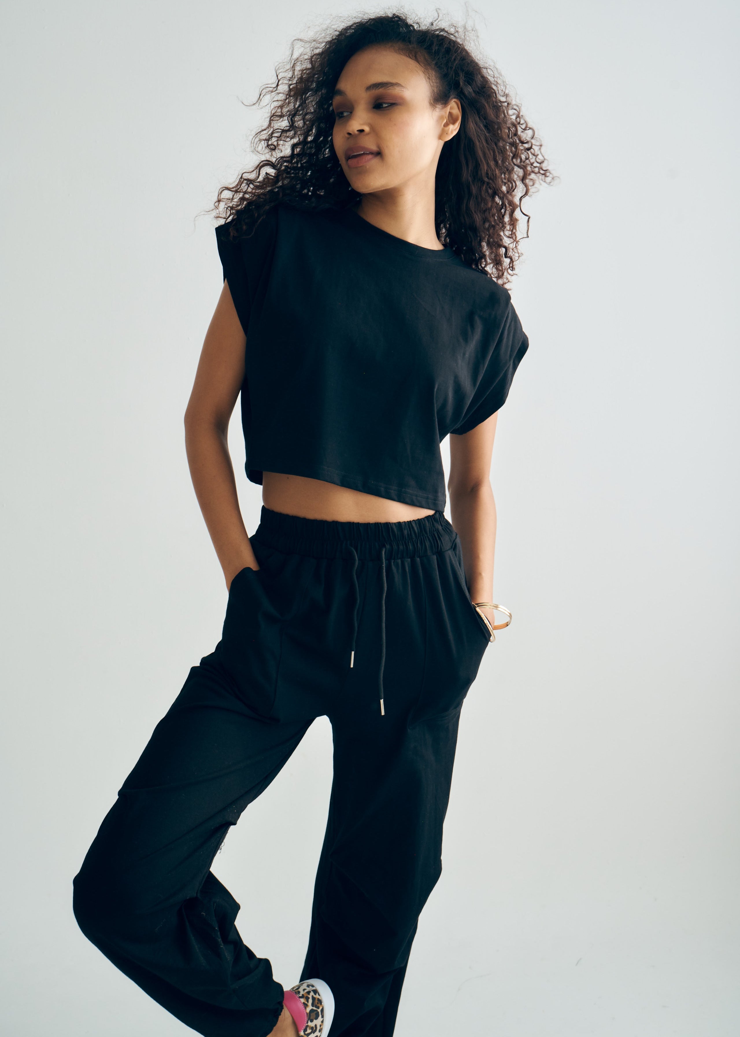 Tokyo Cotton Track Set with Pleated Detail in Black