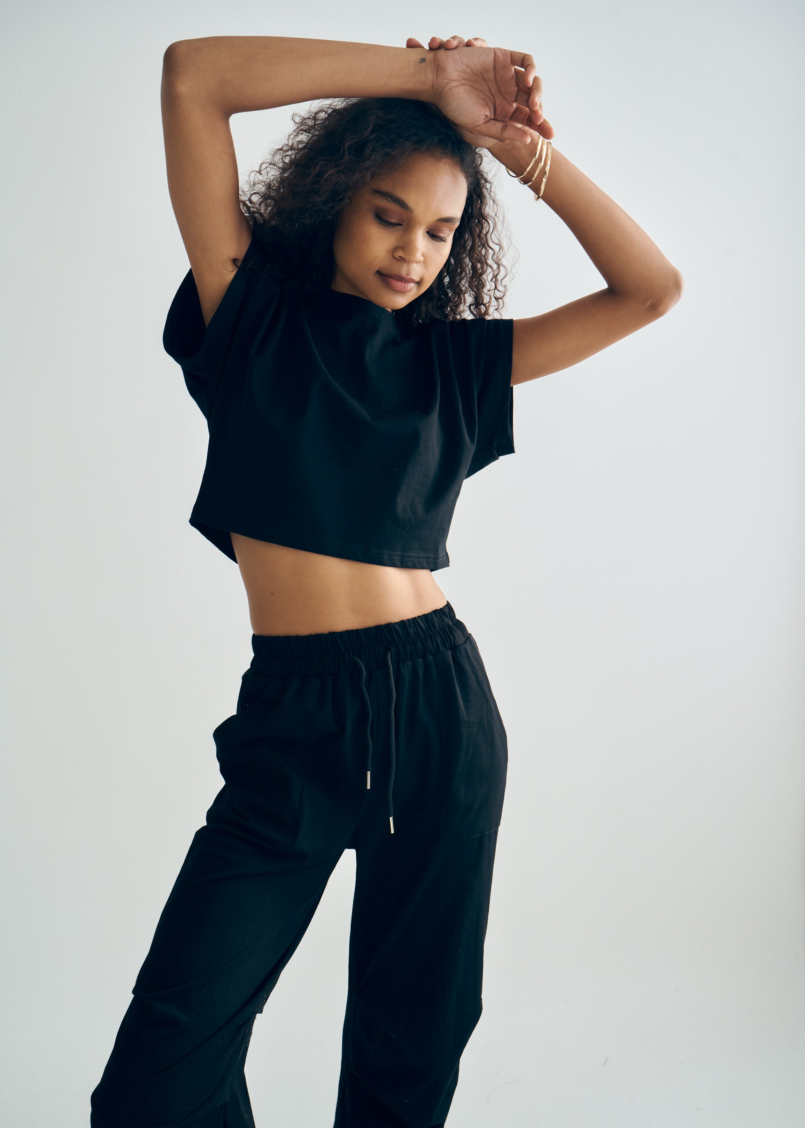 Tokyo Cotton Track Set with Pleated Detail in Black