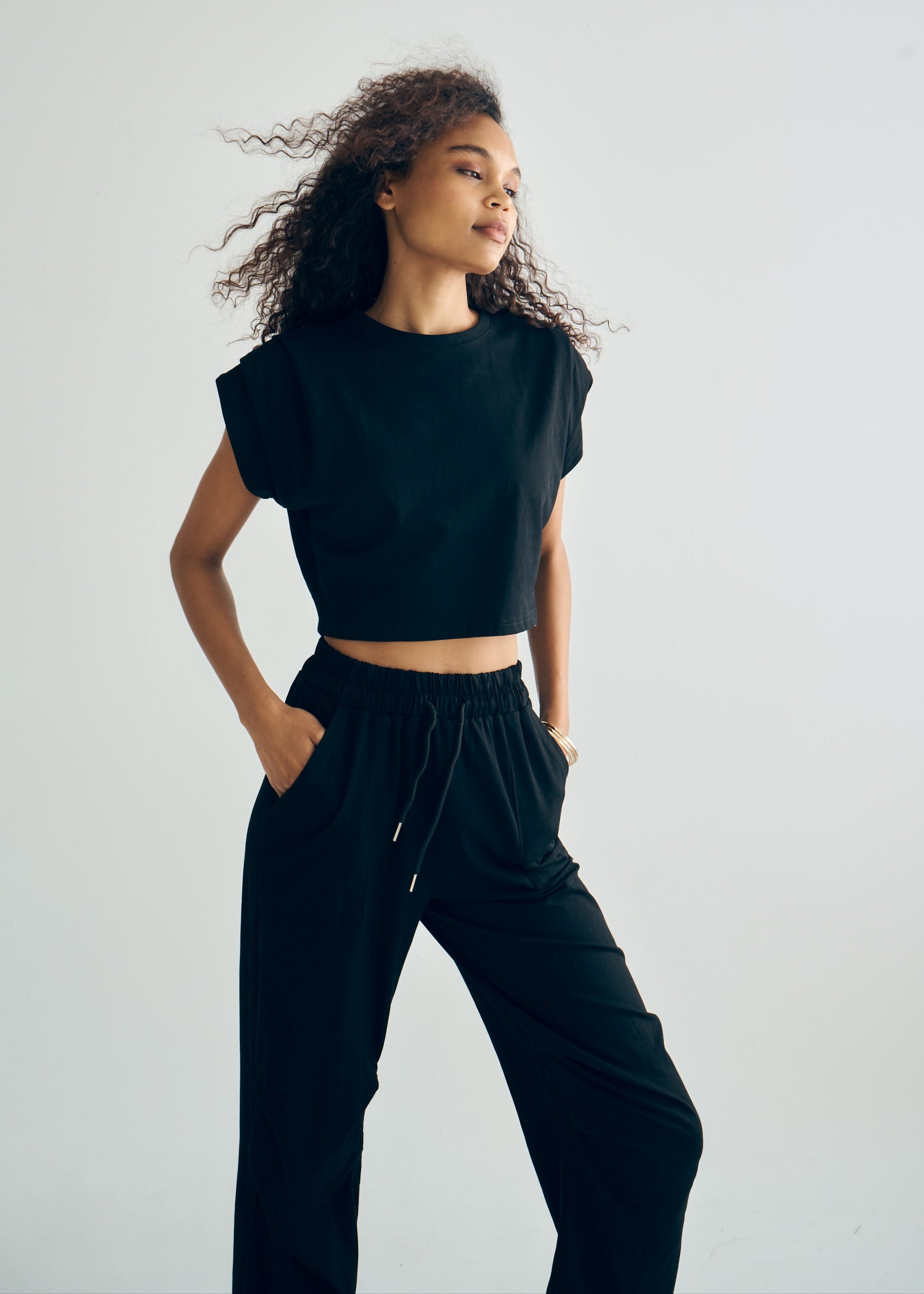 Tokyo Cotton Track Set with Pleated Detail in Black