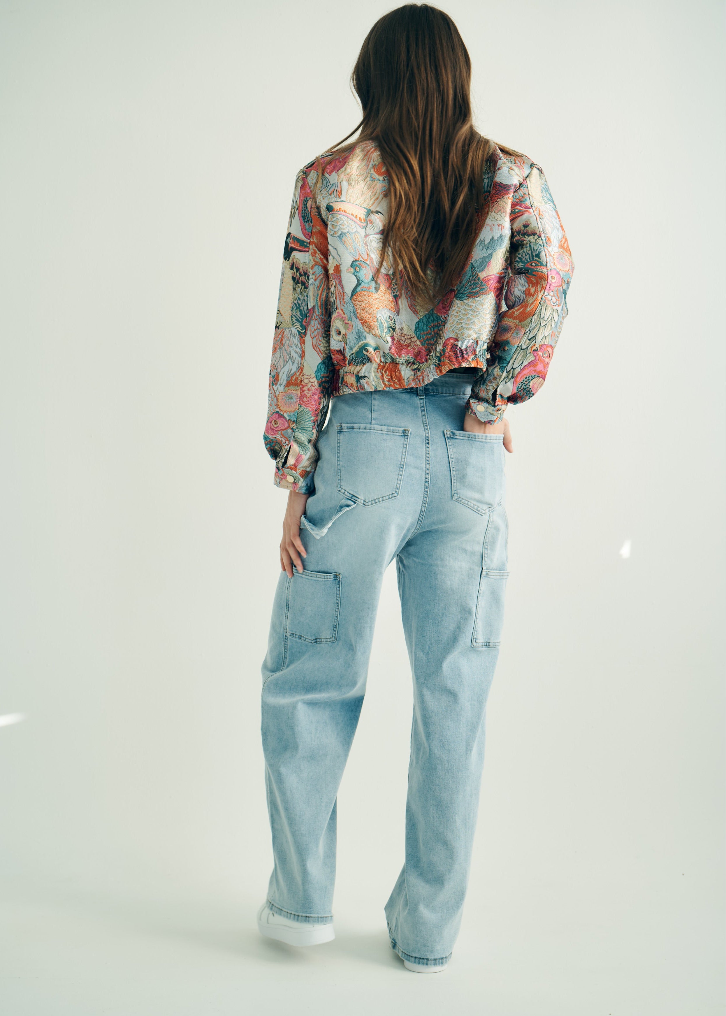 High Rise Cargo Style Wide Leg Jeans in Light Blue Denim