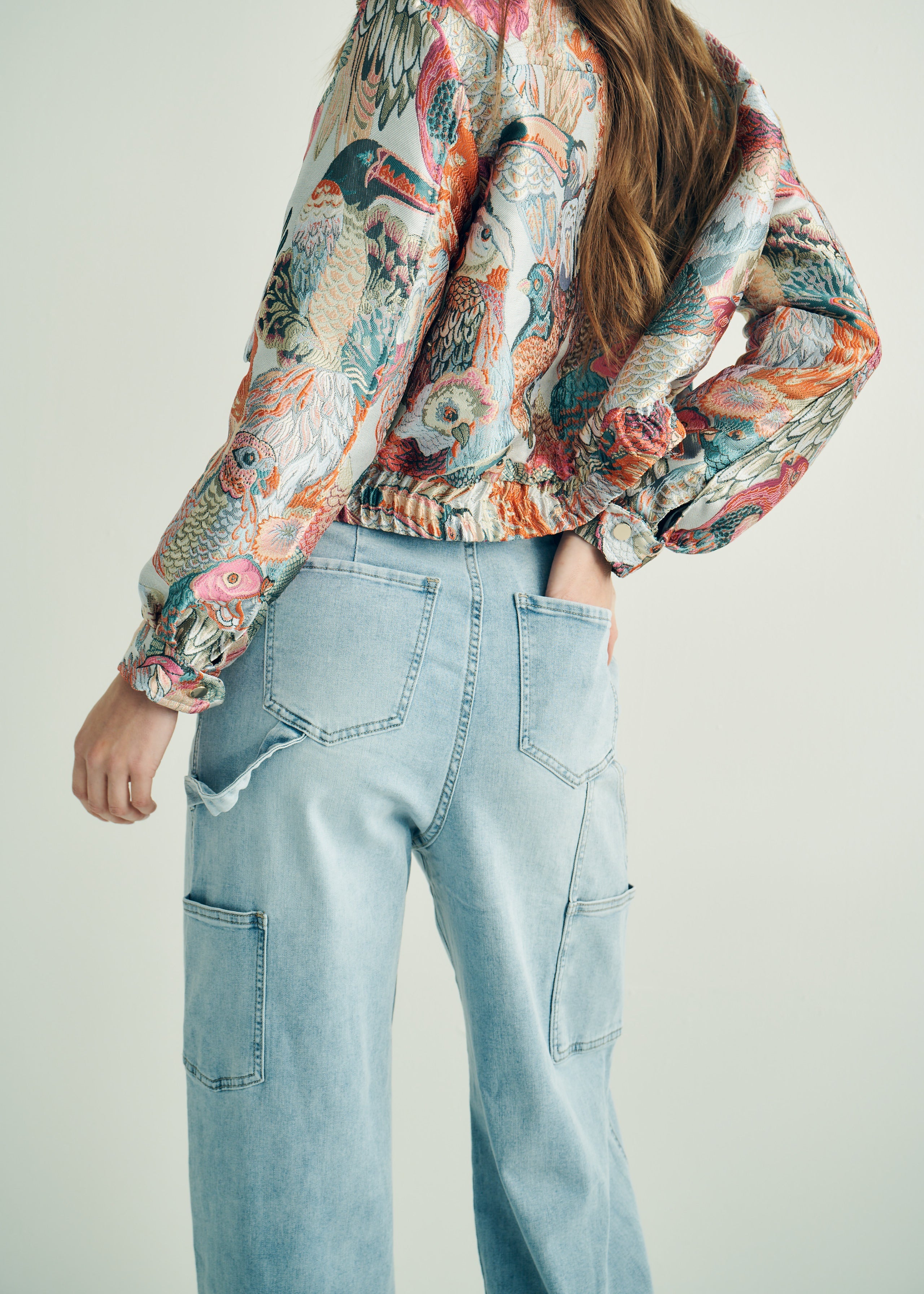 High Rise Cargo Style Wide Leg Jeans in Light Blue Denim