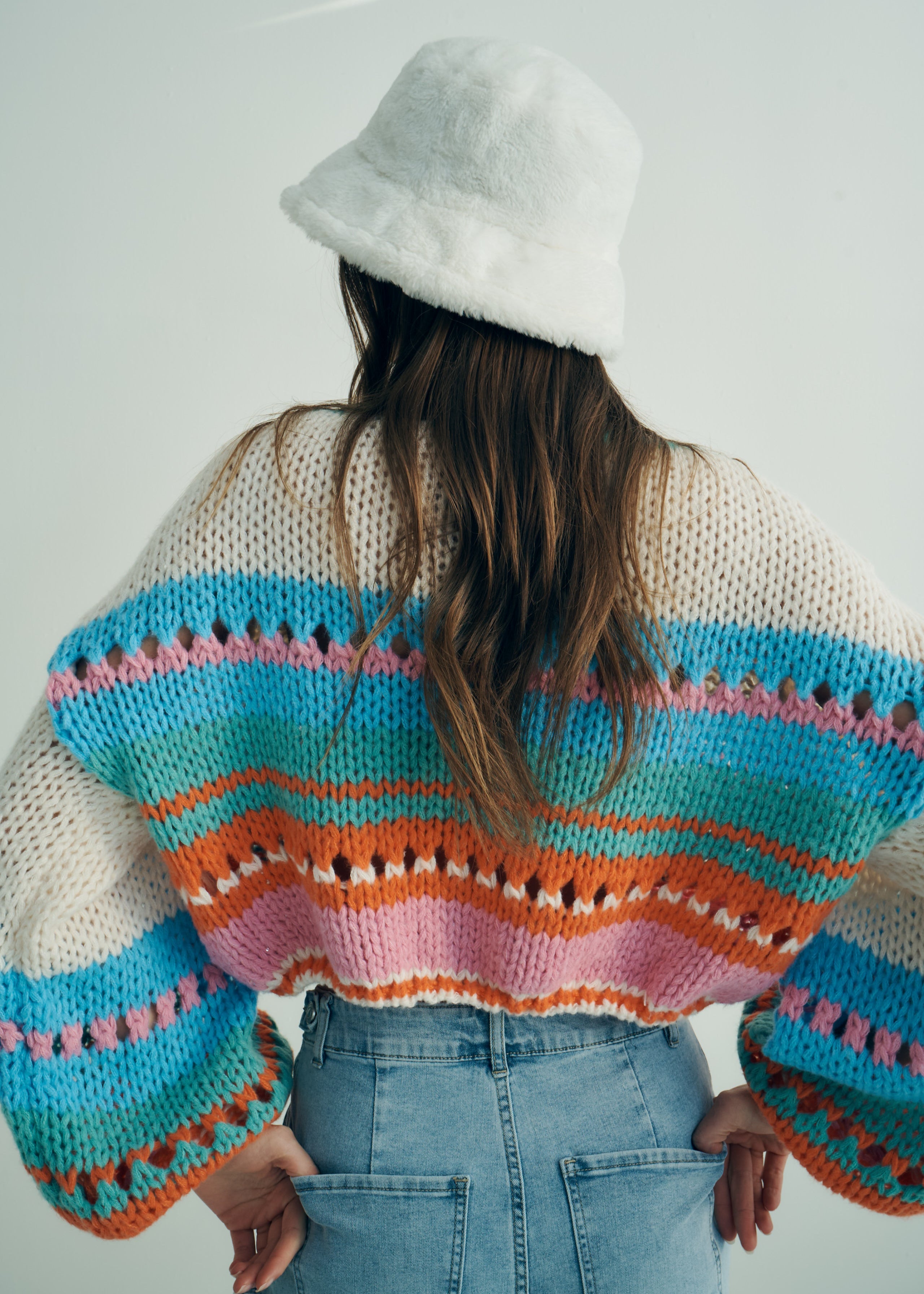 Chunky Beige Knit with Turquoise and Pink
