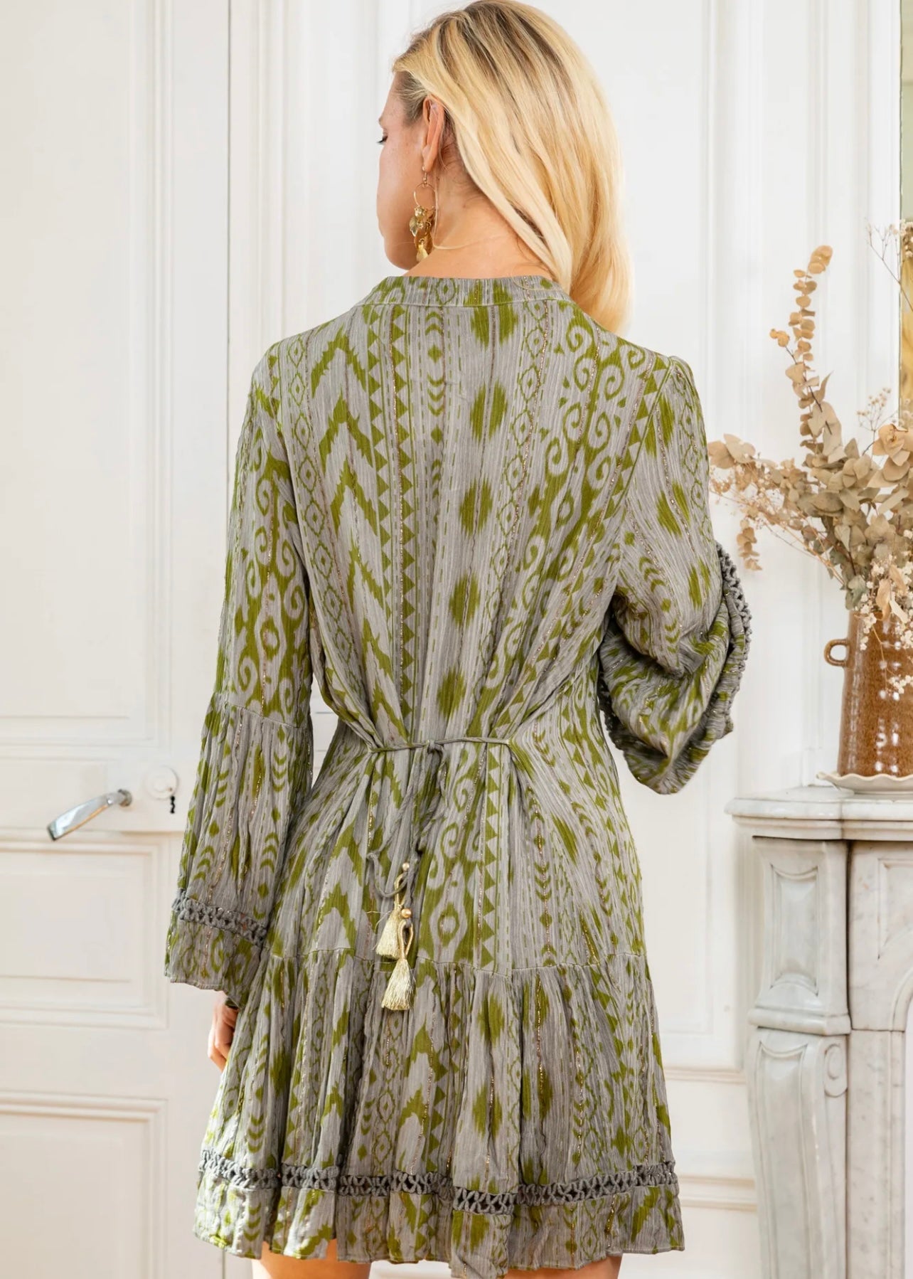 Phoebe Short Bohemian Dress with Tassels in Dark Green